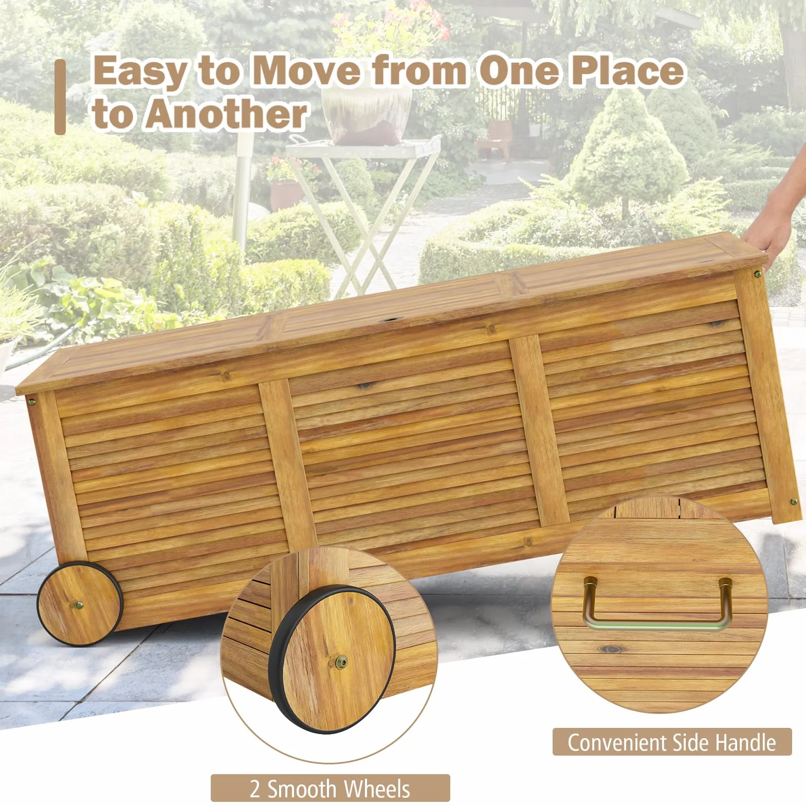 HOMASIS Auflagenbox 182L mit Rollen, Gartenbox aus Akazienholz, Kissenbox mit wasserdichte Innentasche, Gartenbox Gartentruhe mit Griff, Auflagentruhe 150 kg belastbar, Aufbewahrungstruhe Kissentruhe