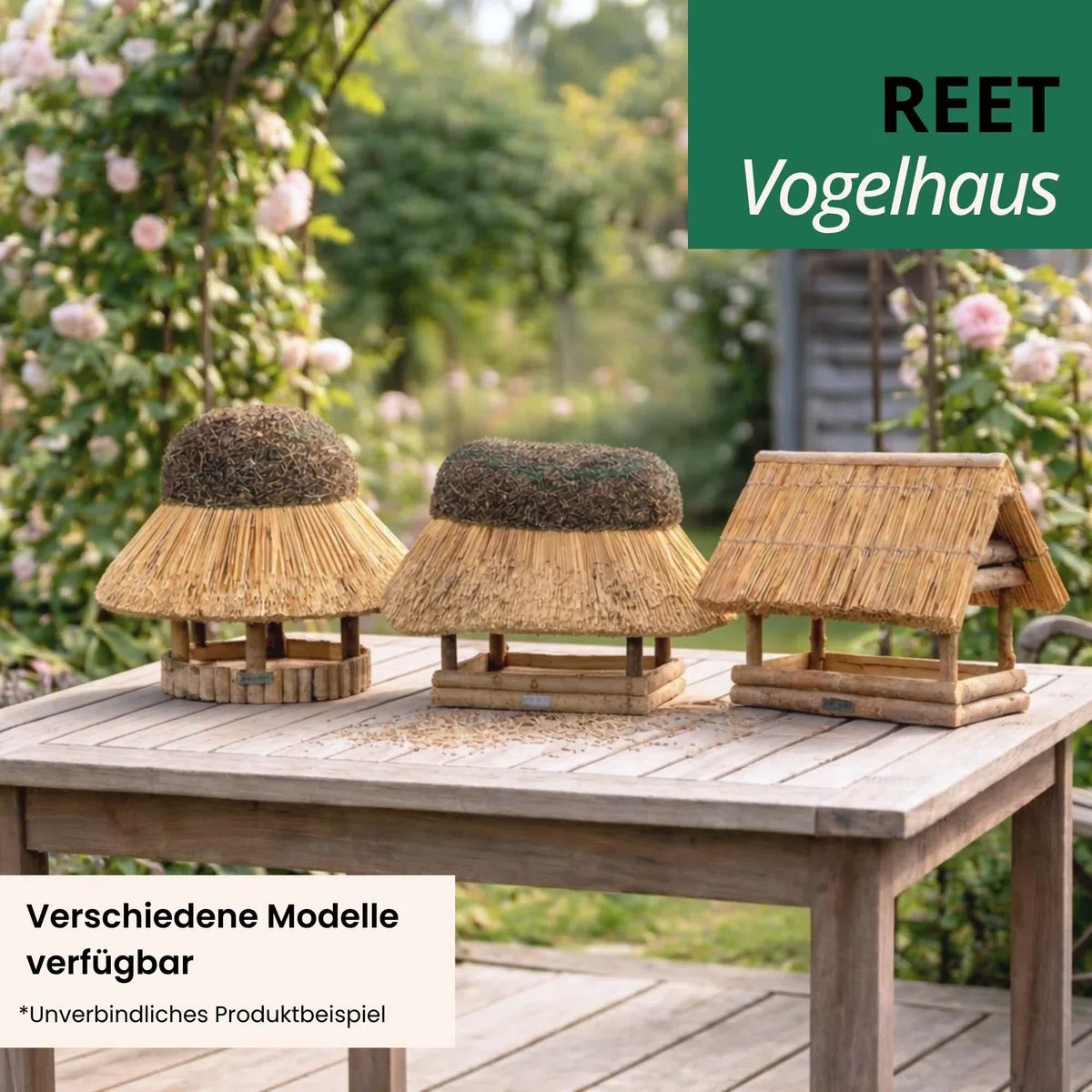 Vogelhaus mit Reetdach | Vogelfutterhaus SPREEWALD | Größe L | Holz Futterhaus für Vögel aus 100% Handarbeit I Ideal für Balkon, Garten & Terrasse I Witterungsbeständig
