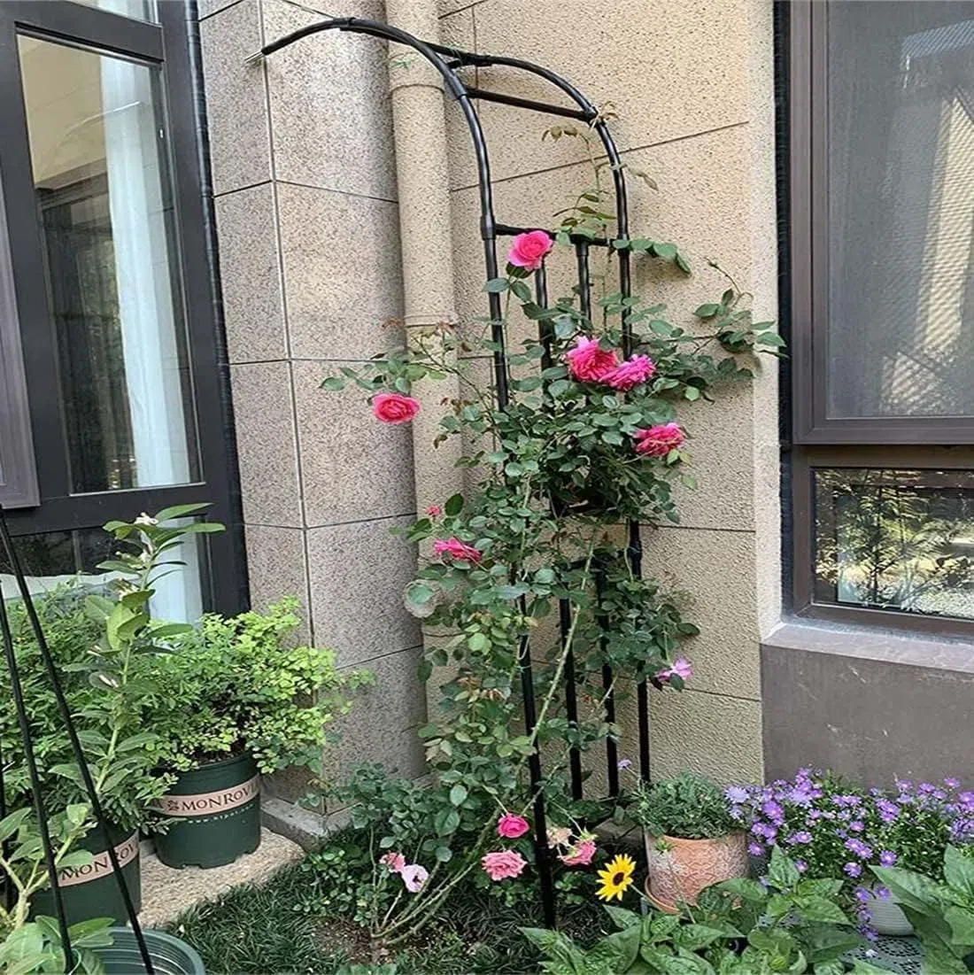 Schwarzer Metall-Gartenbogen, Rankgitter für Kletterrosen und Reben, Pflanzenstütze, einfache Montage, elegante Gartendekoration, Wandbogen