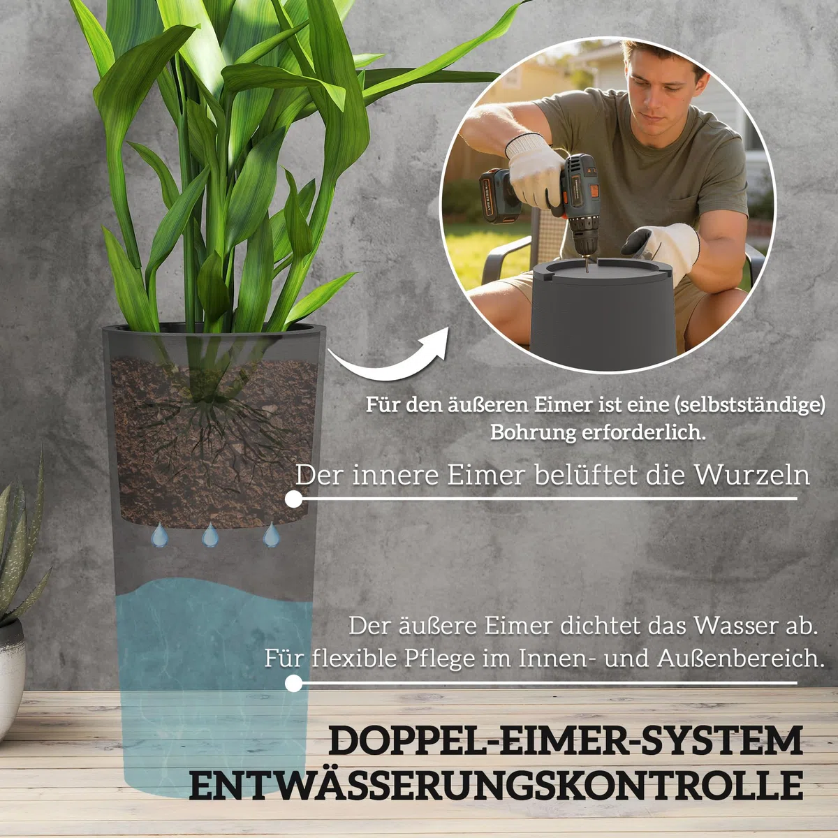 Outsunny Blumentopf Stapelbar mit Löcher 2er Set 35x35 cm Dunkelgrau | Kunststoff Pflanzkübel, Pflanztöpfe Rund, Blumenkübel, Rundtopf, für Tomaten Blumen, Pflanzentopf für Garten Balkon