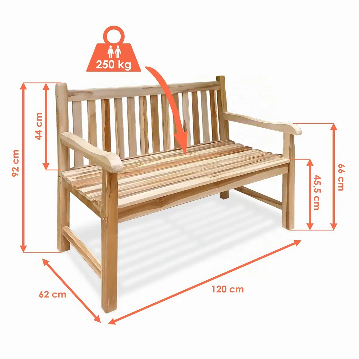 Spetebo 2-Sitzer Teak Gartenbank mit Armlehnen, 120 cm | Belastbarkeit 250 kg, Massivholz, Für Balkon Terrasse Garten