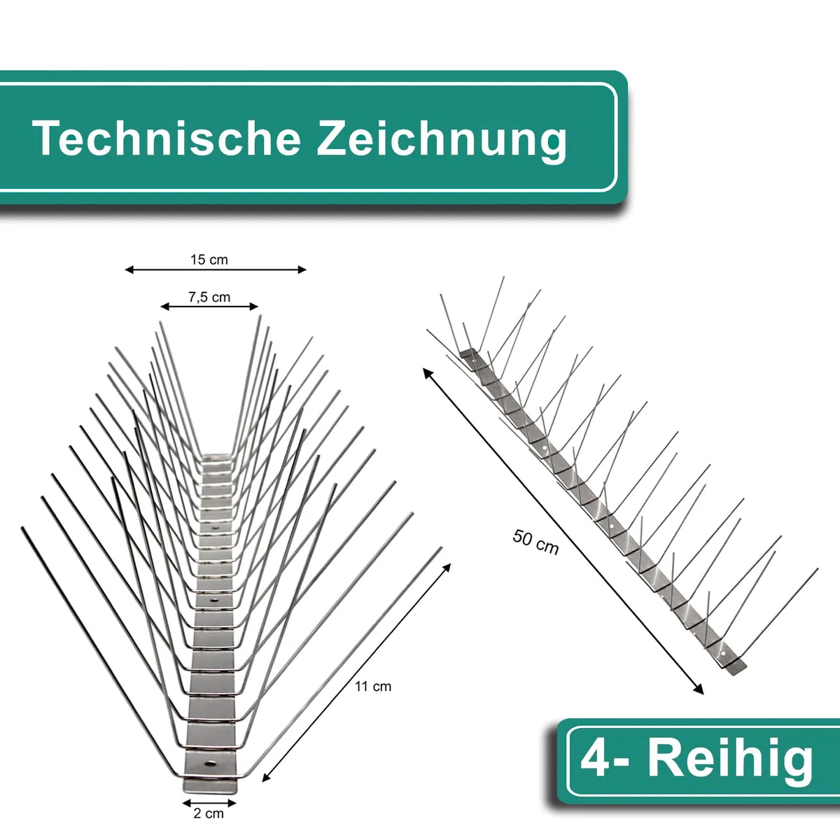 PRIOstahl Taubenabwehr Taubenspikes Vogelabwehr mit Edelstahlgrundplatte 4-reihig 15 Meter (30 x 0,50cm Spikes) Vogelschutz Abwehr für Balkon Dach Fenster UV-Beständig & rostfrei Edelstahl V2A