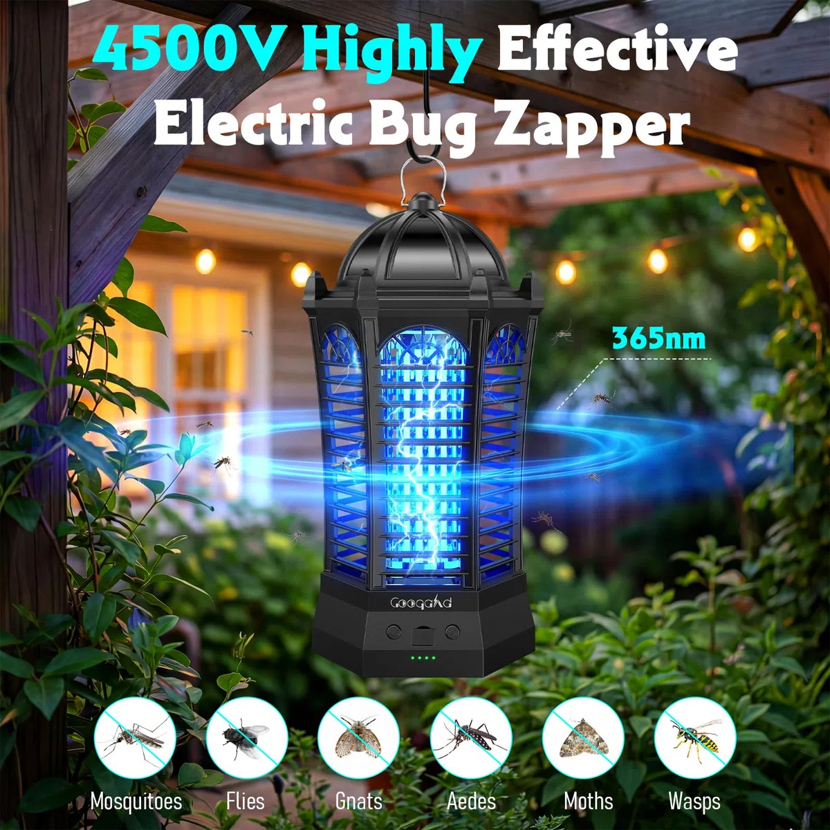 Wiederaufladbarer Bug Zapper Outdoor 2026, 4500V Elektrischer Mückenzapper mit Campinglicht, Kabelloser Tragbarer Mückenvernichter, Outdoor Wasserdichte Fliegenvernichter Falle für Camping, Terrasse