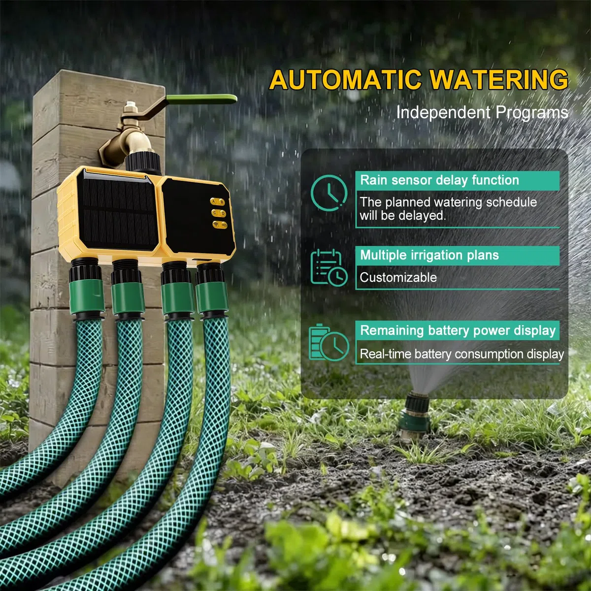 Bewässerungscomputer WLAN 4 Ausgänge,Smart Wasserzeitschaltuhr,App-Steuerung Sprachsteuerung Regenverzögerung Automatische Bewässerung,für Rasen,Garten