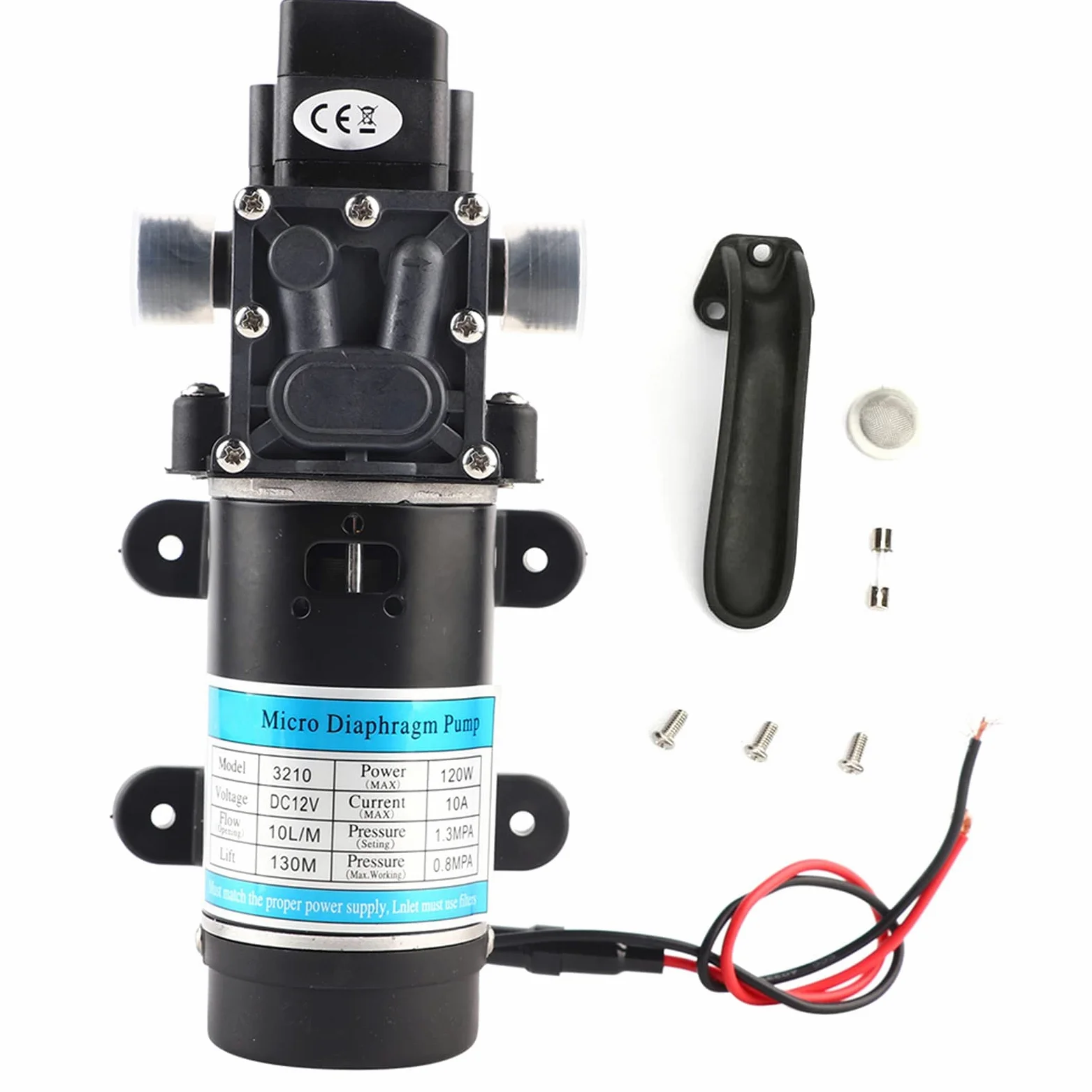 Hochdruck Wasserpumpe Druckwasserpumpe 120W 10L/m 12V/24V Elektrische Selbstansaugende Membranpumpe für Hochdruckreiniger Bewässerungssysteme (12V 3210YD-12-120FS)