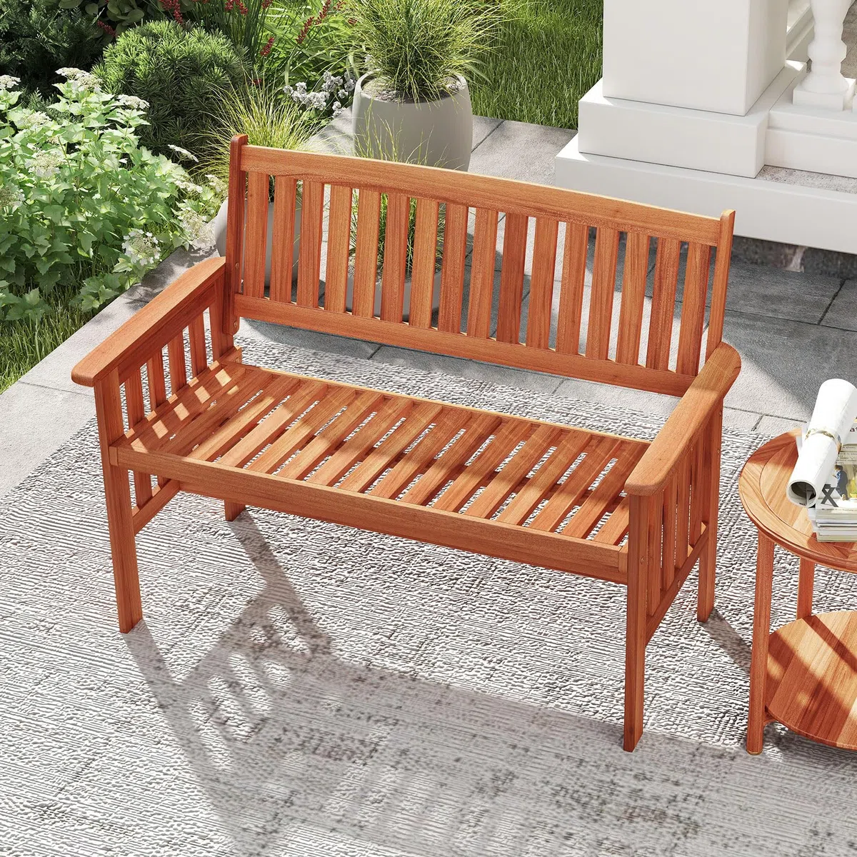 COSTWAY Gartenbank Holz, Holzbank wetterfest, 2-Sitzer Sitzbank, Balkonbank mit Armlehnen, Terrassenbank, Parkbank für Garten, Balkon, Terrasse, 119 x 59,5 x 89 cm