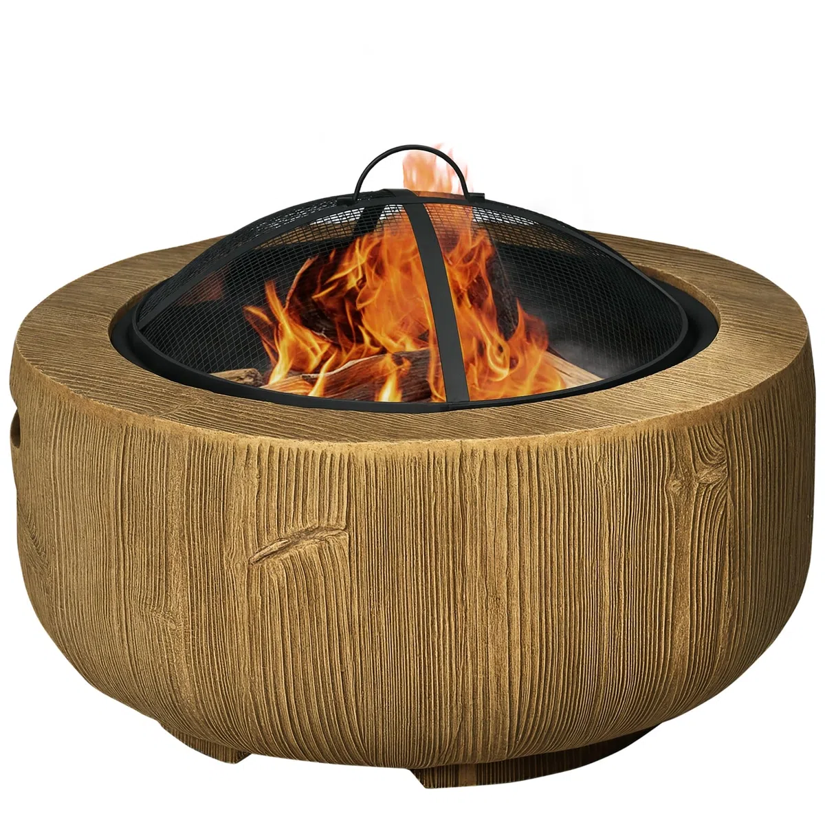 Outsunny Feuerschale Feuerstelle mit Deckel im Baumstumpf-Design Braun | Feuerkorb mit Schürhaken, für Garten, Camping, Terrasse, Stahl, MgO
