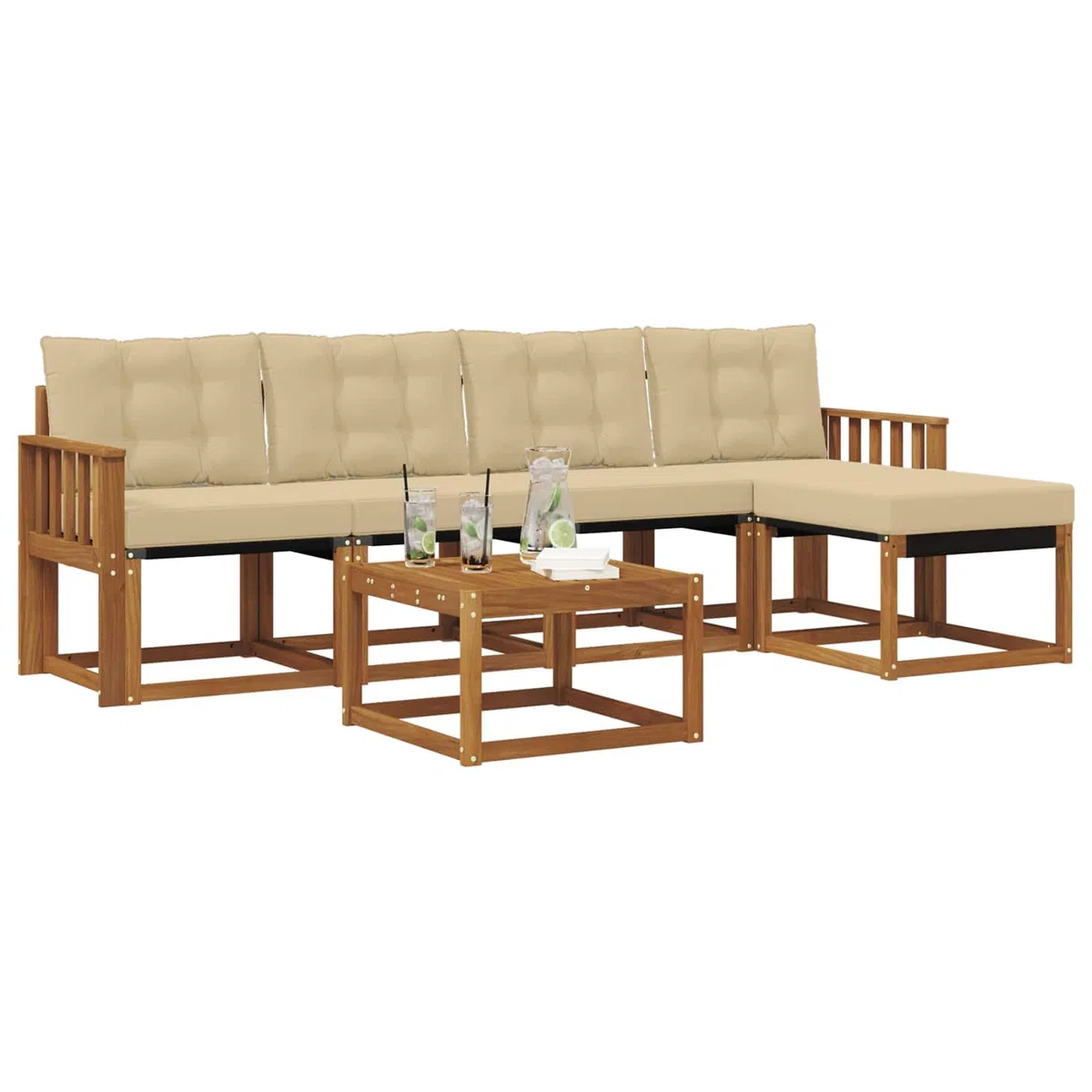 Outdoor-Sofagarnitur 6-teilig, wetterfestes Akazienholz und Textilene, modulare Sitzgruppe für Garten, Terrasse, Balkon, modernes Design, langlebige, Pflegeleichte Sitzmöbel, inklusive Tisch