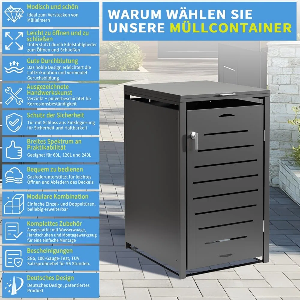 Melko Mülltonnenbox 2er Mülltonnenverkleidung 240 L erweiterbar Anthrazit | verzinkter pulverbeschichteter Stahl, Automatikdeckel mit Gasdruckdämpfern, Belüftungsschlitze, inkl. Montagesatz