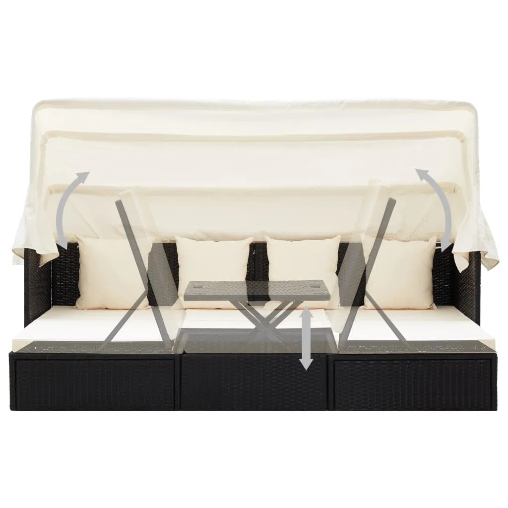 vidaXL Gartenbett mit Dach Sonnenliege Gartenliege mit Sonnenschutz Chaiselongue Sonnenbett mit Klapptisch Outdoor Lounge Schwarz Poly Rattan