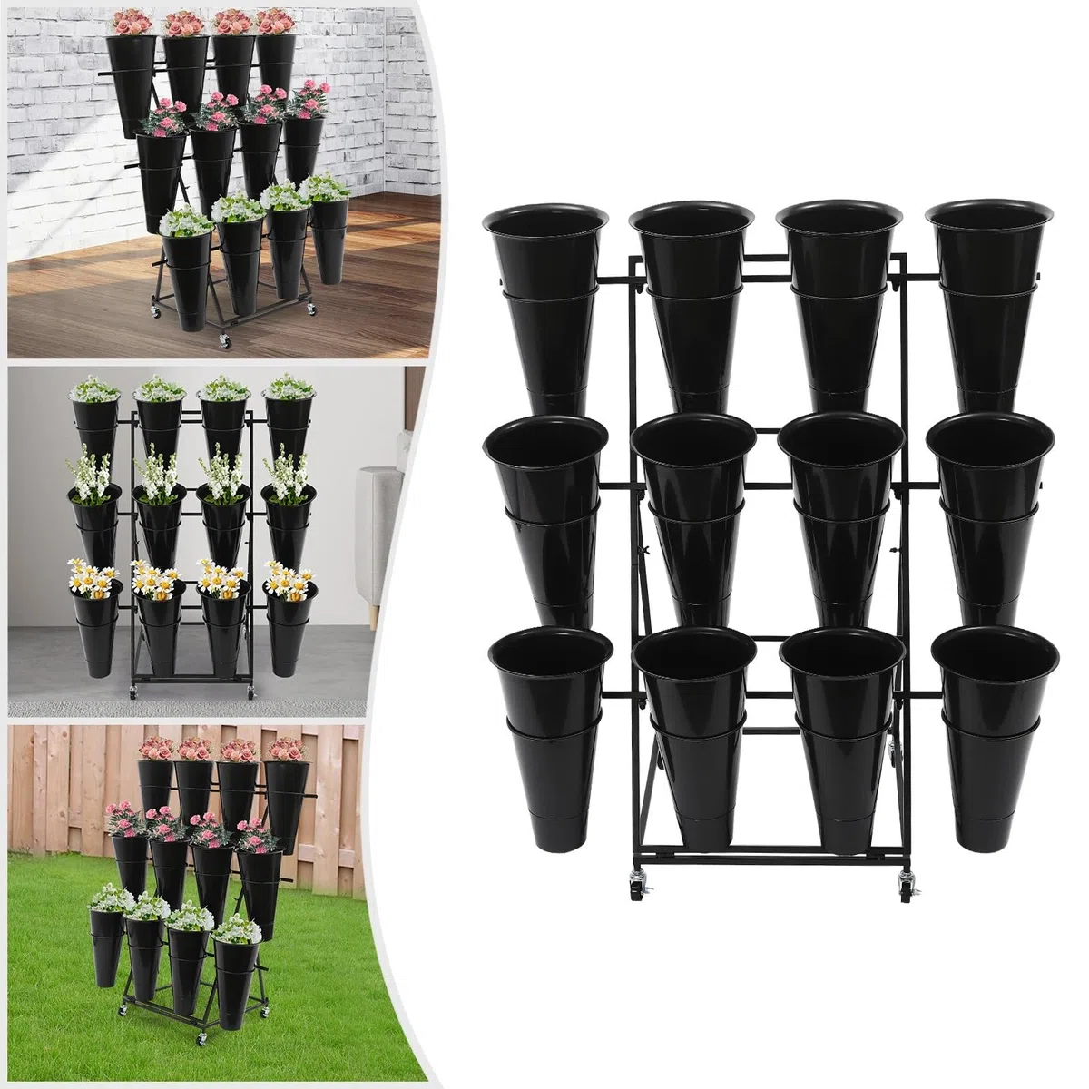 Erhöhungsgestell für Blumentöpfe 3-stöckiger Blumenständer | Blumenständer mit 12 Eimern, Tragkraft 30 kg, for Zuhause/Floristen/Gärten/Hochzeiten