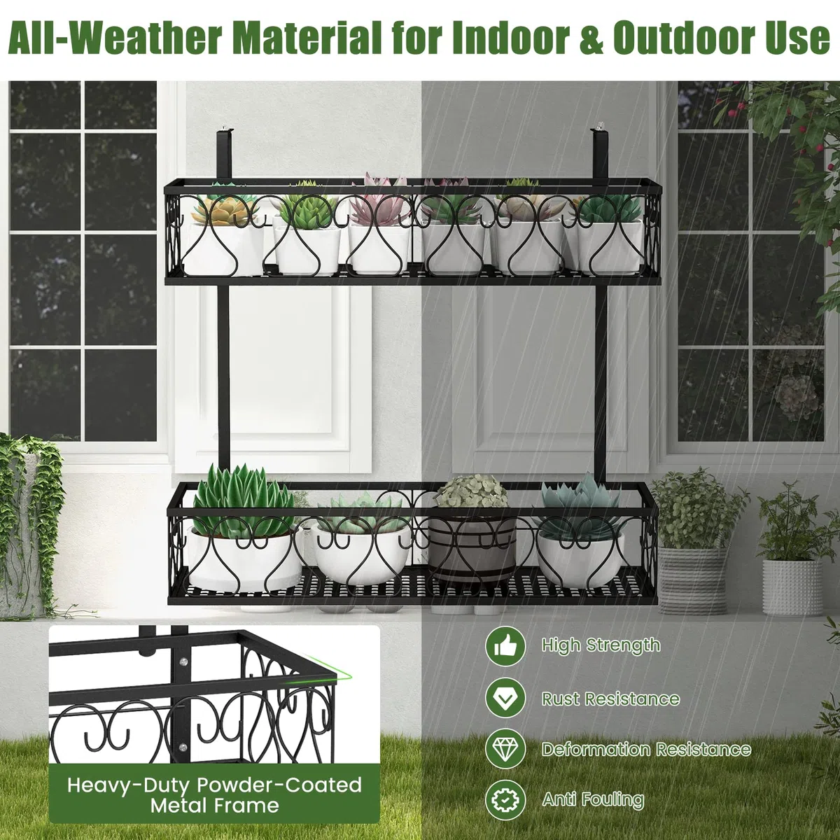 FANTASK 2-stöckiges Blumenregal Balkon, 60 x 33 x 59 cm, Blumentopfhalter Metall mit verstellbaren Haken, Hängeregal, Topfpflanzenbehälter für Garten Balkon Terrasse (Schwarz)