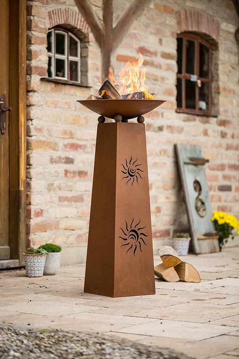 Dekosäule Sonne mit Feuerschale, Metall mit Edelrost, Feuerkorb | Metallsäule mit Feuerstelle / Pflanzschale, Outdoor Garten-Deko für Draußen