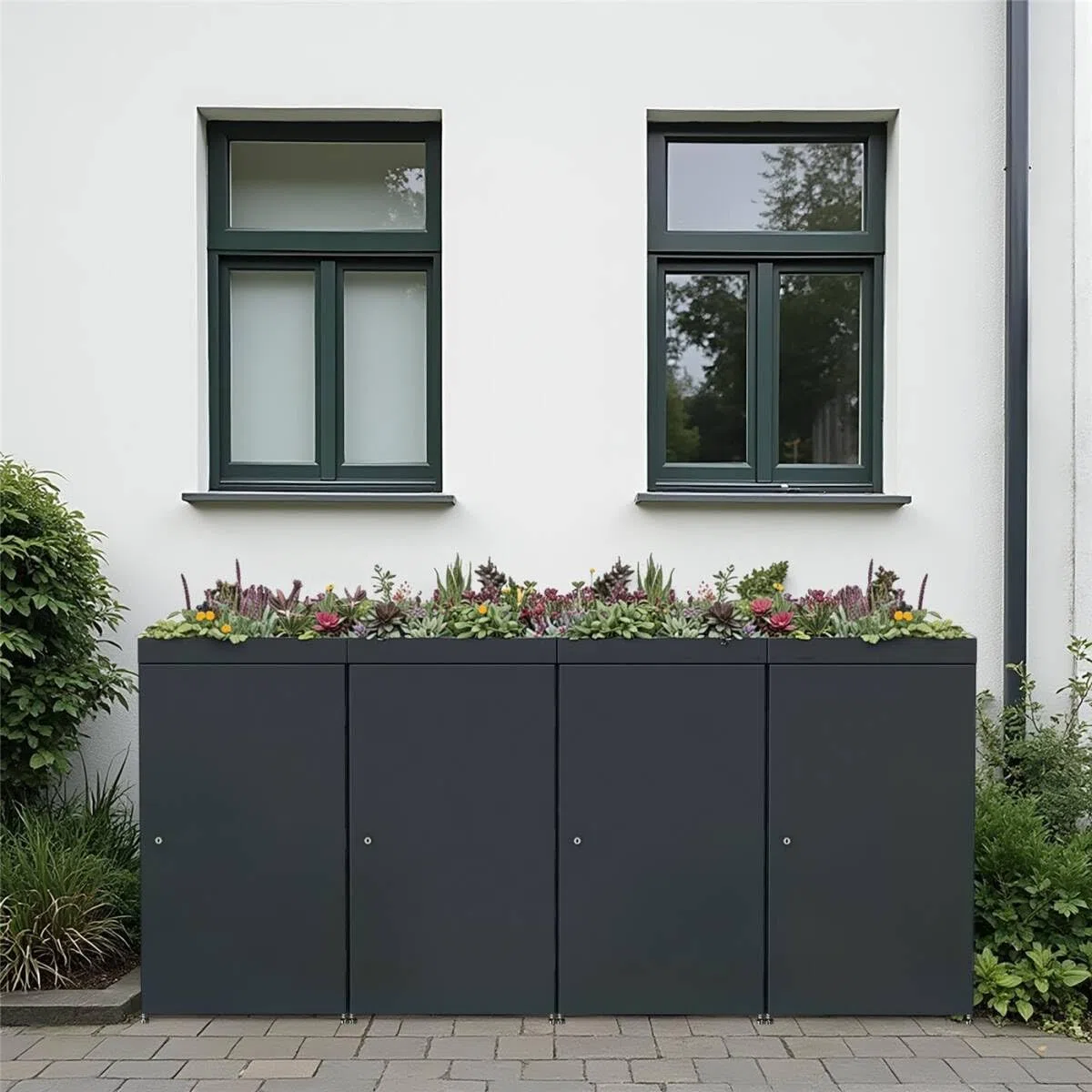 Metzler Mülltonnenbox 4er 240L in Anthrazit mit Pflanzdach | Für 4 Tonnen aus Aluminium rostfrei & abschließbar | Mülltonnenverkleidung außen mit höhenverstellbare Füße | Müllbox für Garten