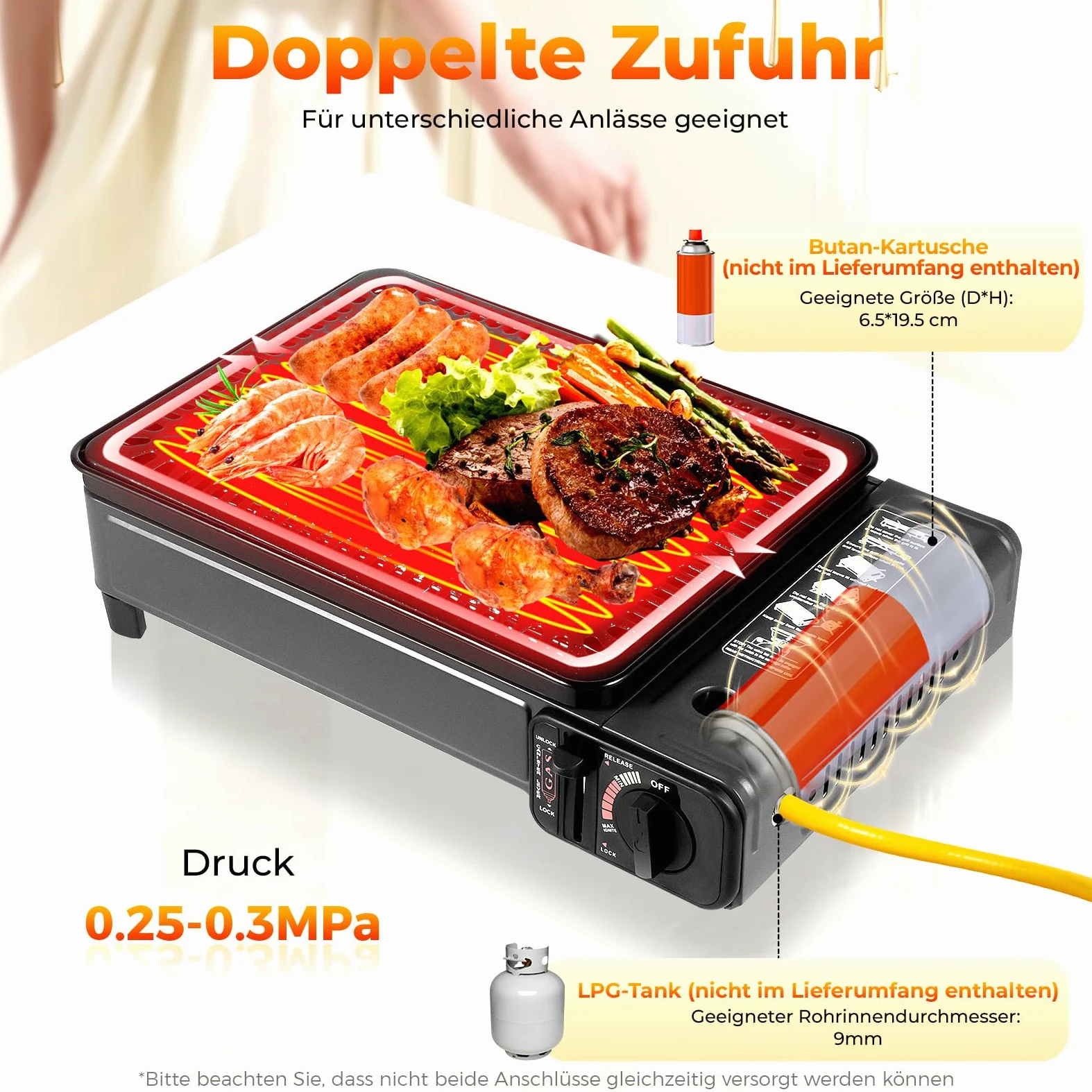 Camping Gasgrill, 2-in-1 Tragbarer Tischgrill mit Tragetasche, Abnehmbarer Grillplatte, Gaskocher für Kartuschen, Campingkocher für Outdoor BBQ, Terrasse und Reisen