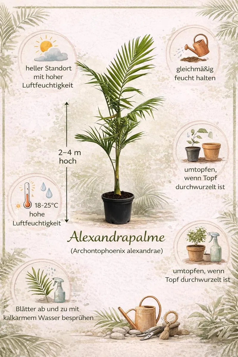 Alexandrapalme 160–200 cm – Archontophoenix alexandrae – Feuerpalme – Grünpflanze – Indoor & Wintergarten – Elegante Zimmerpalme mit 40–50 cm Stamm – Exotische Dekopflanze