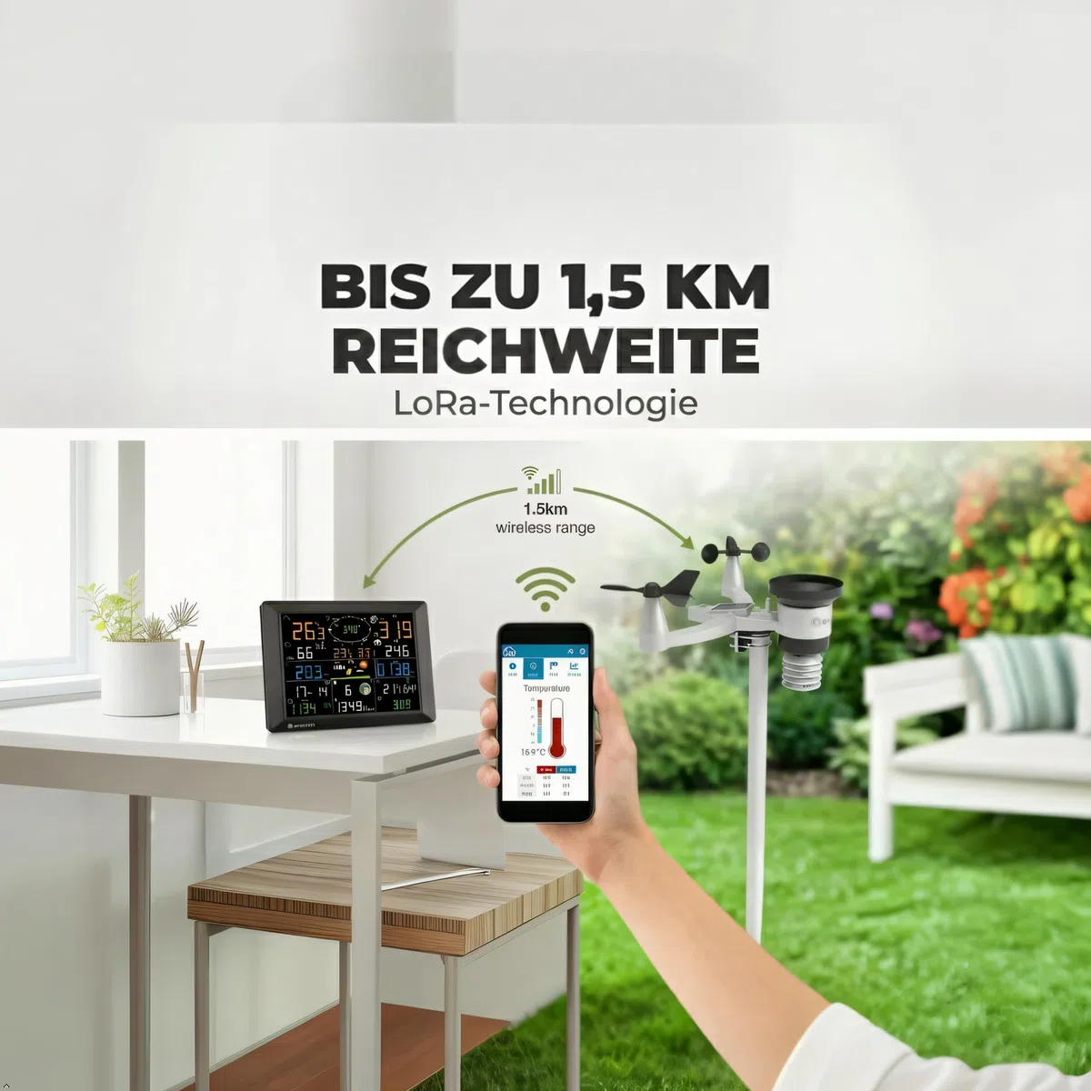 Bresser Wetterstation 1,5km Reichweite, WLAN, 7-in-1 Außensensor, Solar, UV, Wind, Regen, WLAN Upload, Alarm, Innen-/Außenklima