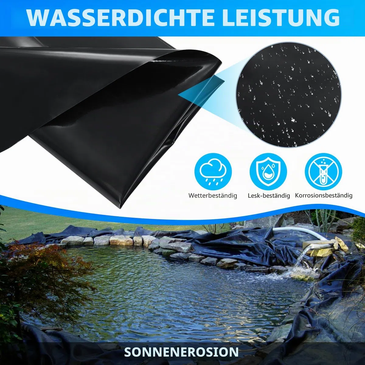6x6m Teichfolie,Teichwanne Stärke 0.5mm-HDPE Schwarz Teichplane Dichtungsfolie Teichmembran Schwimmteich Folie,für Fischteiche, Brunnen, Wassergarten und Wasserfall,Gartenteich