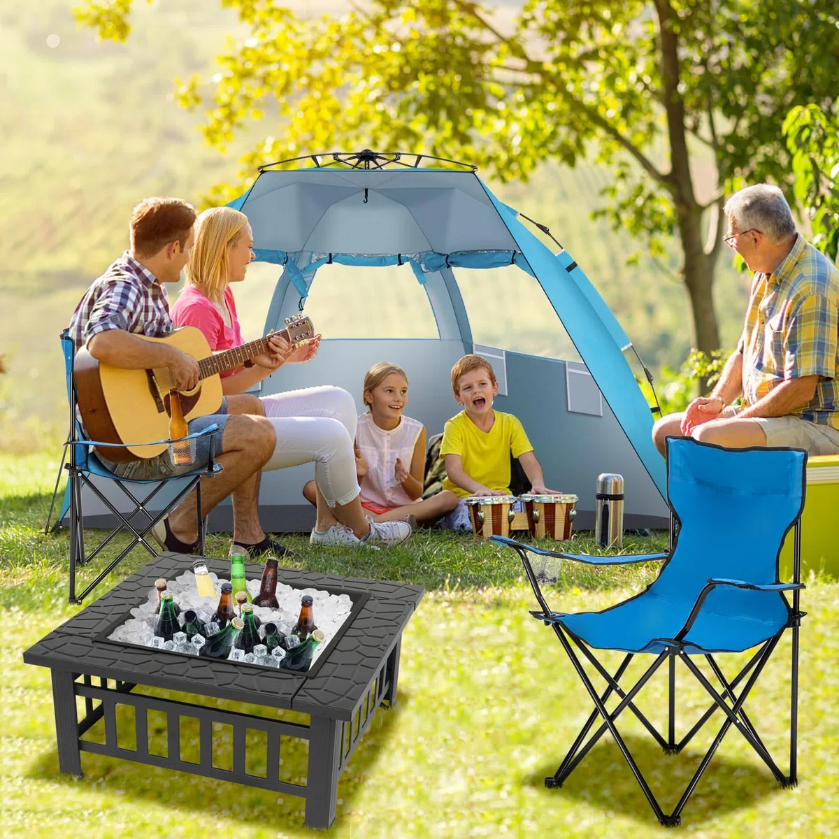 LEADZM Feuerschale mit Grillrost | Feuerkorb 3-in-1 Multifunktional, Feuerhaken & Schutzhülle, Feuerstelle für Holz/Kohle, BBQ Party Garten Terrasse Outdoor,82 x 82 x 52 cm