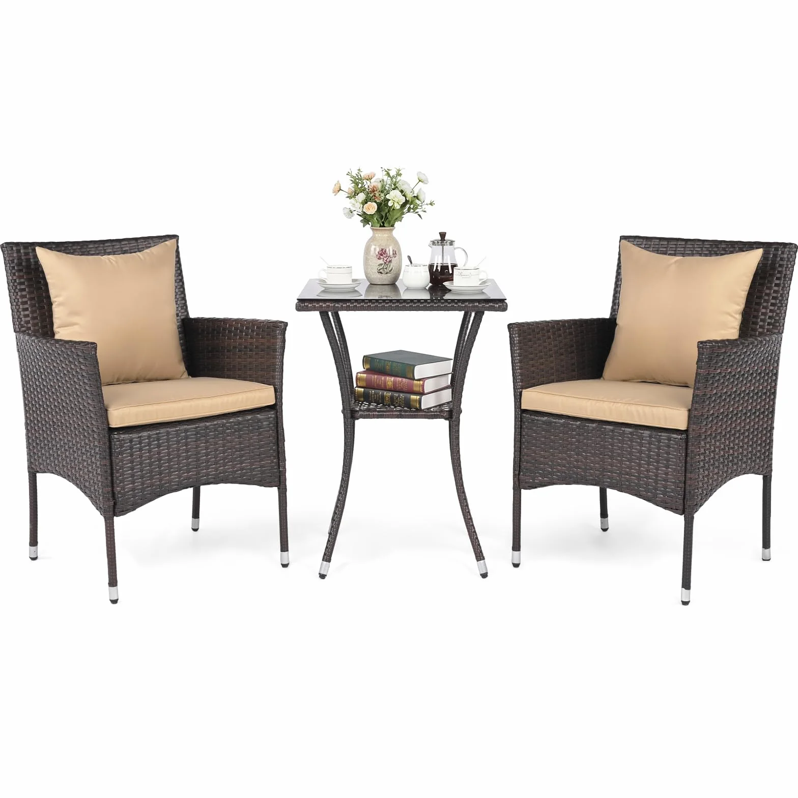 COSTWAY Rattan Gartenmöbel Set, Balkonmöbel Kleiner Balkon, Balkon Möbel mit 2 Sessel, Glastisch und Kissen, Gartenlounge 2 Personen, Sitzgruppe für Garten, Veranda, Poolbereich (Mix Braun+Beige)