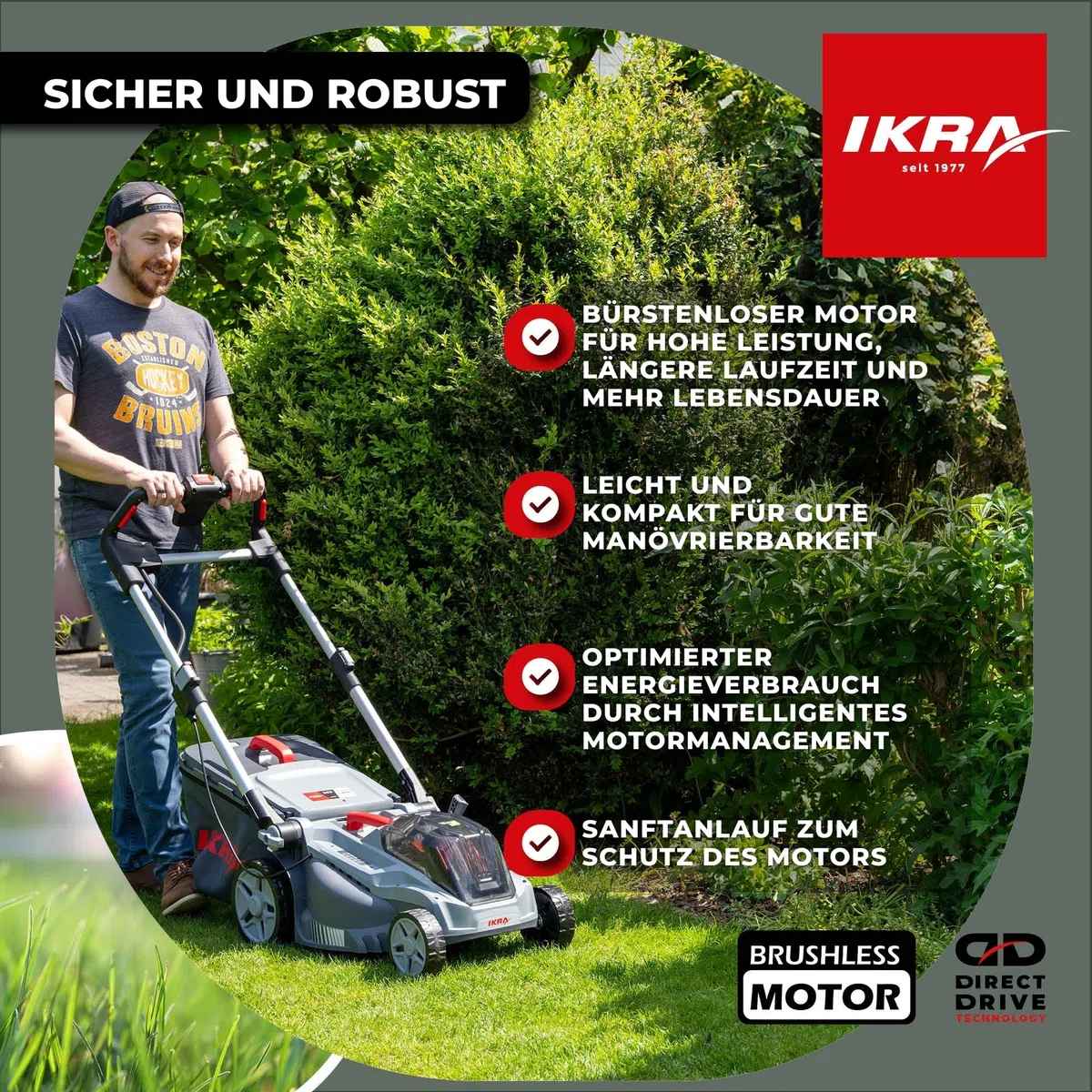 IKRA Rasenmäher IB-LM 43, 3in1, Breite 43cm, ohne 36V Akku & Ladegerät | Kompatibel mit Bosch, Rasenflächen bis 600m², Schnitthöhe 30-75mm, Fangkorb 52l, Batterieladeanzeige am Griff, inkl. Mulchkit