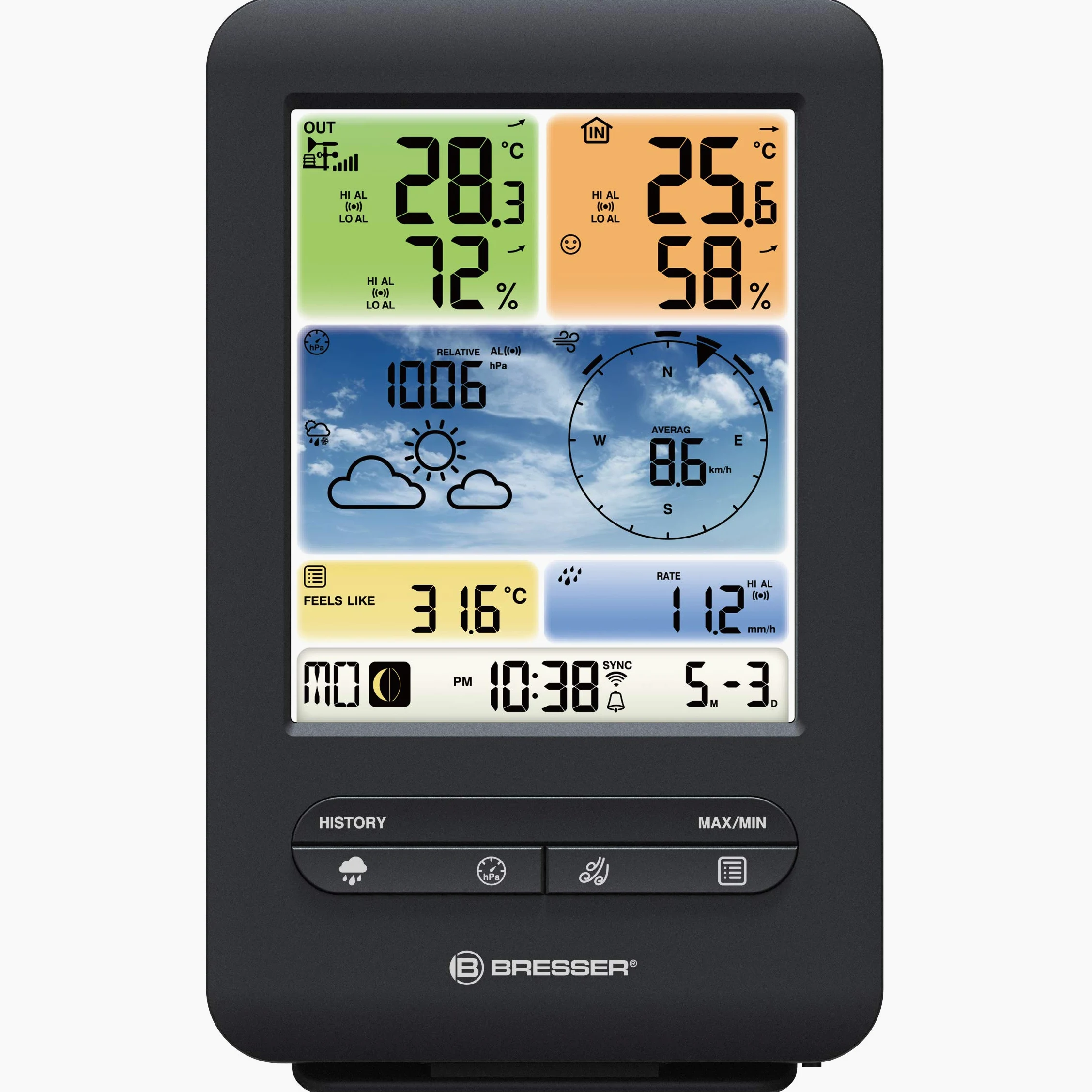 Bresser Wetterstation Funk mit Außensensor WLAN Farb-Wetter Center 5-in-1 mit Außensensor für Temperatur, Luftfeuchtigkeit, Luftdruck, Windmesser und Regenmesser, Schwarz | Innentemperatur und Außentemperatur, Luftfeuchtigkeit, Regenmesser, Windmesser, We