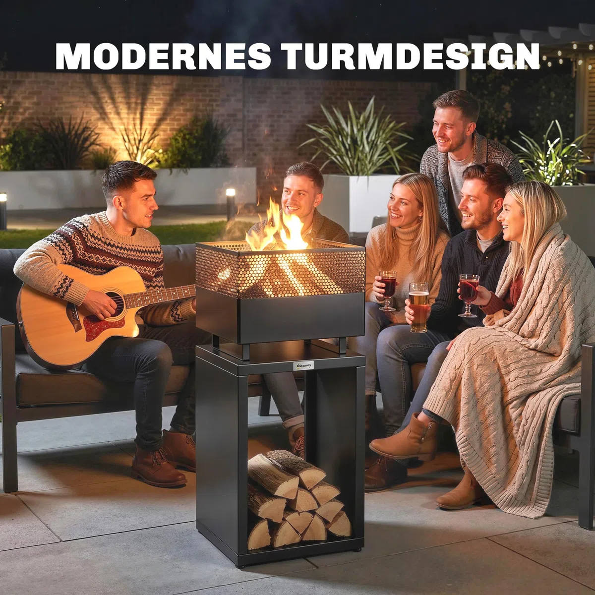 Outsunny Feuerschale mit Holzlager Kohlegitter 39 x 39 x 87 cm Schwarz | Feuerstelle, Verstellbaren Füßen, Feuerschalen Feuerkorb, für Garten Balkon Terrasse, Outdoor BBQ Camping