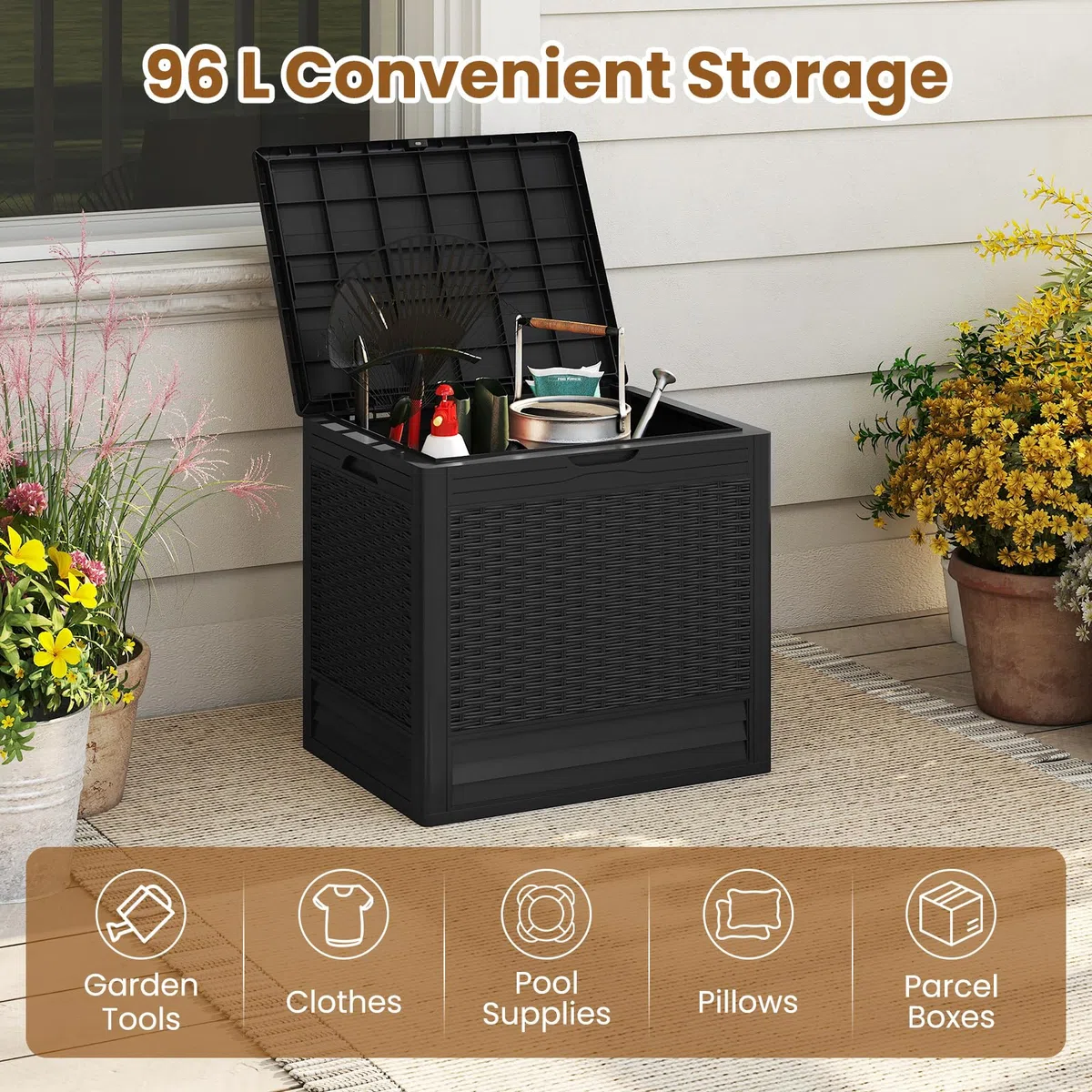 GIANTEX 96L Gartenbox, wasserdichte Auflagenbox für In- & Outdoor, abschließbarer Aufbewahrungsbox Rattanoptik, Kissenbox für Paketlieferung, Poolzubehör & Gartengeräte (Schwarz)