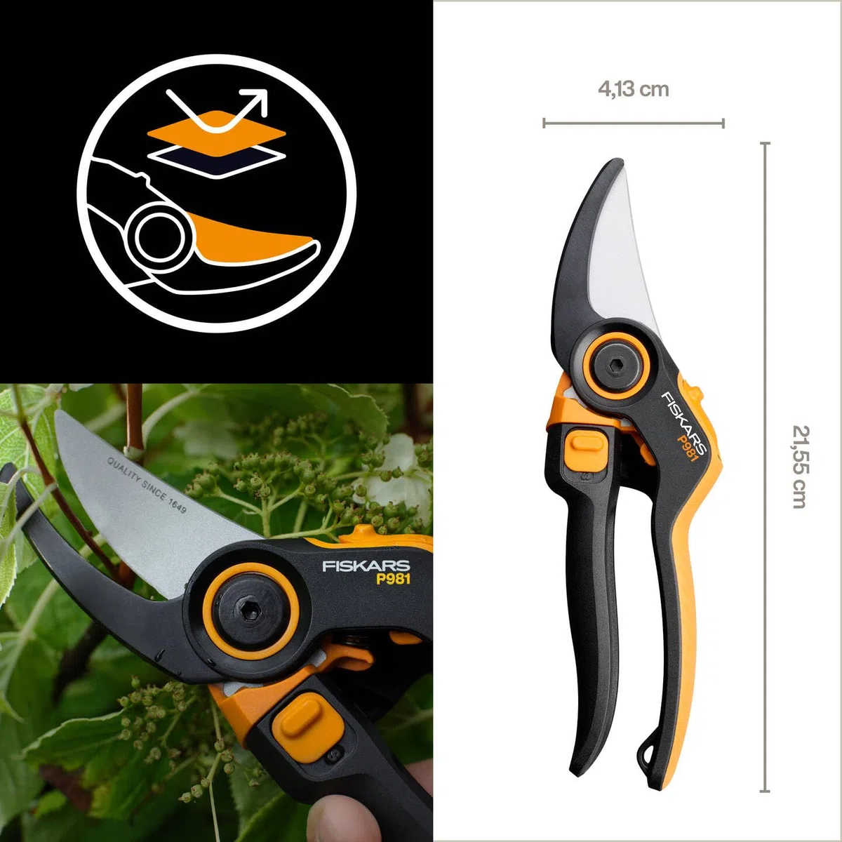 Fiskars X-series DualAction Gartenschere Bypass P981, 2-in-1-Modus für dünne und dicke Äste, Ergonomischer Rollgriff, Antihaftbeschichtete Stahlklingen/FiberComp-Griffe, Schwarz/Orange, 1080132