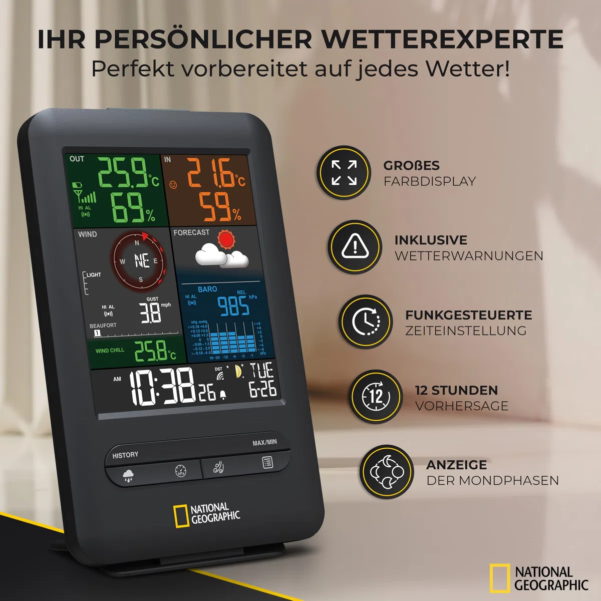 National Geographic Wetterstation Funk mit Außensensor Wetter Center 5-in-1 Colour mit Außensensor für Temperatur, Luftfeuchtigkeit, Luftdruck, Windmesser und Regenmesser, schwarz | Temperatur, Luftfeuchtigkeit, Regenmesser, Windmesser, Wettervorhersage,