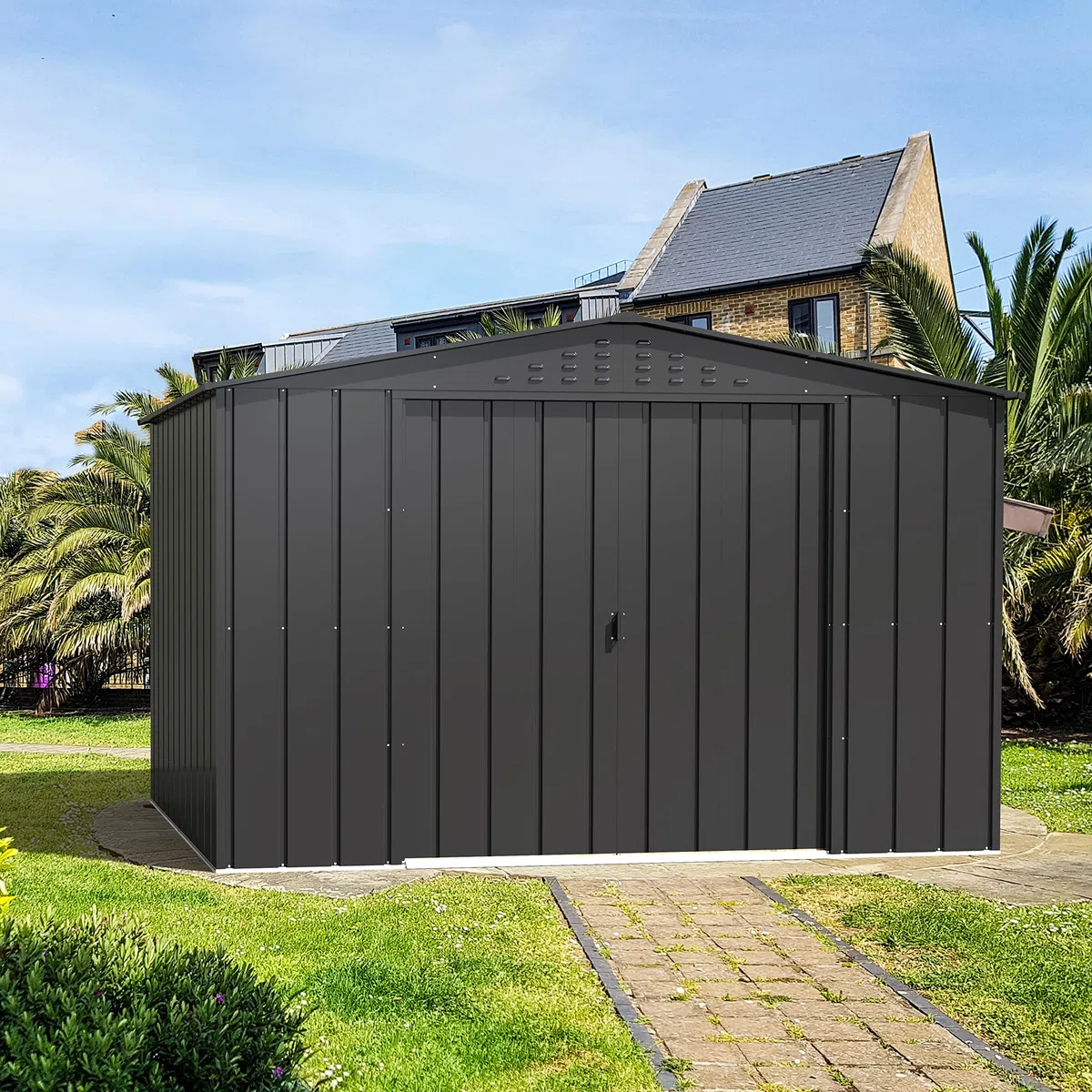 Duramax TOP 10 x 8 (7.28 m²) Metall gerätehaus, hergestellt aus verzinktem Stahl, verstärkte Dachkonstruktion, wartungsfreies und witterungsbeständiges Metallgerätehaus, Geräteschuppen, Anthrazit