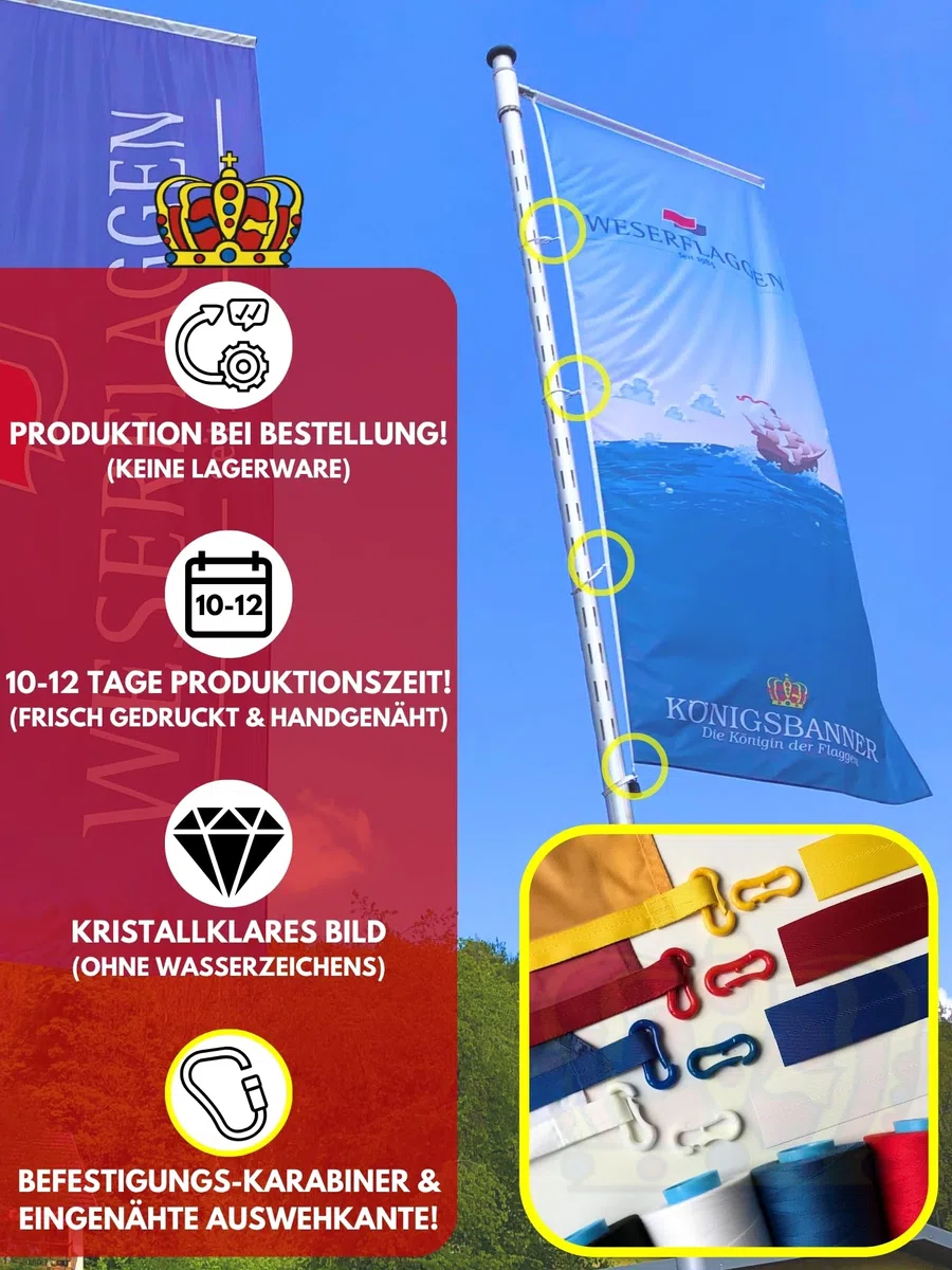 Zertifizierte Flagge Fahne Wolfhagen - KS 120 x 300cm - Bannerflagge mit Holzquerstab und Met.Karabinerhaken aus deutscher Flaggen-Manufaktur