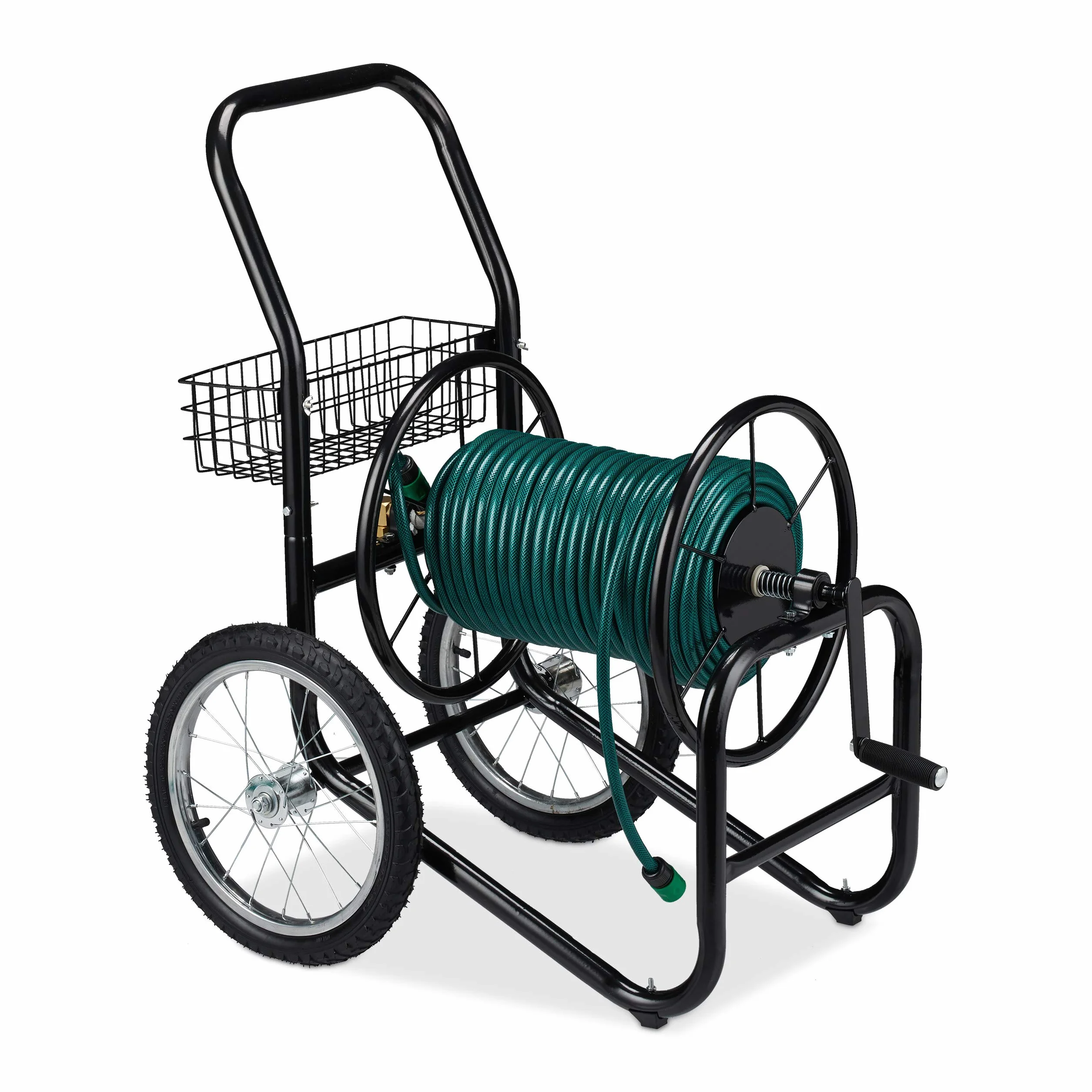 Relaxdays Schlauchwagen, bis 90 m, 2 Räder, Klickkupplung, Schlauchtrommel Metall, Schlauchabroller Garten, schwarz