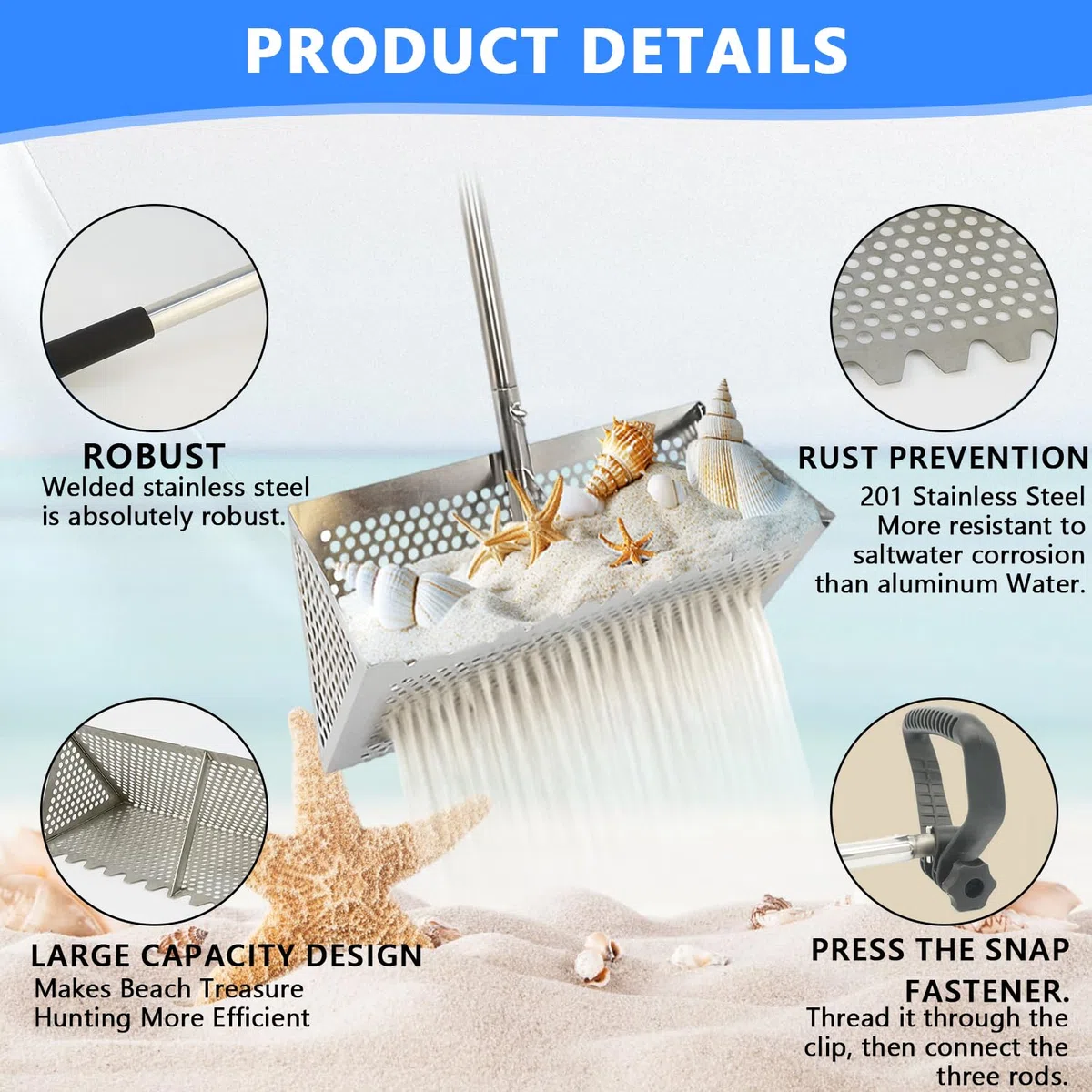 Strandrechen, Sandflohharke, Sandsieb aus Edelstahl mit Breitem Trapezkorb, Abnehmbarem Sandrechen, Sandflohrechen Strand, Faltbare Sandflohfalle für Den Strand