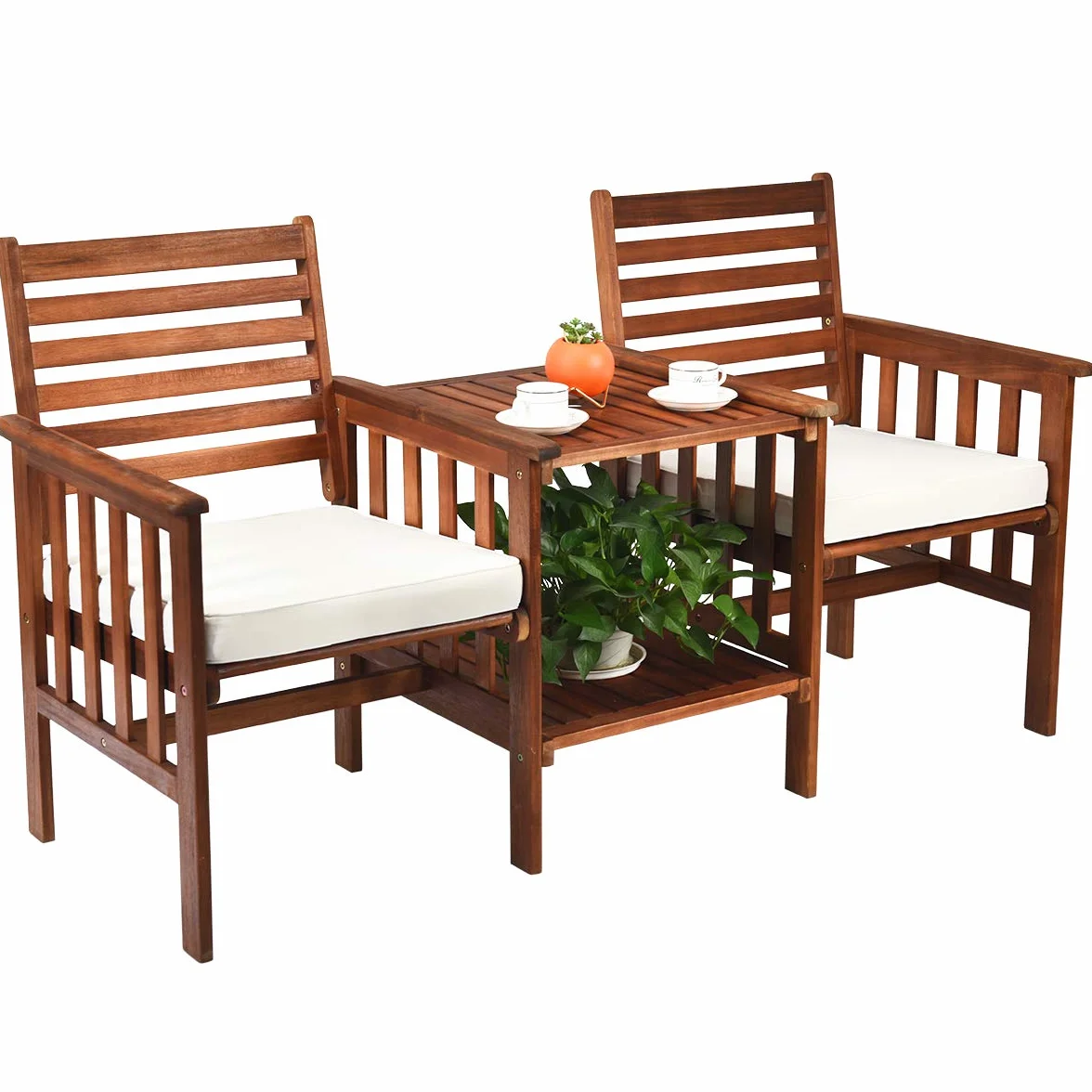 COSTWAY Gartenbank mit Tisch, 2-Sitzer Holzbank mit Sitzkissen & Schirmloch, Sitzbank aus Akazienholz bis 350 kg belastbar, Terrassenbank für Balkon, Garten, Terrasse, 165 x 65 x 88 cm