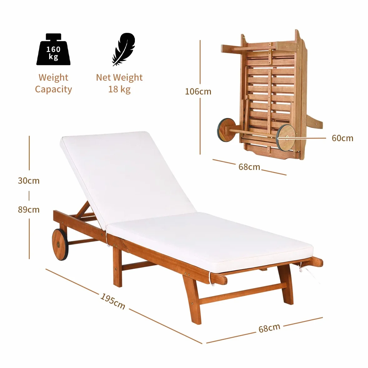 GIANTEX Sonnenliege Klappbar, Mobile Gartenliege mit Rollen, Liegestuhl mit Verstellbarer Rückenlehne, inkl. Kissen, Relaxliege Strandliege Massivholz bis 160 kg belastbar, Liege Garten (Holz)