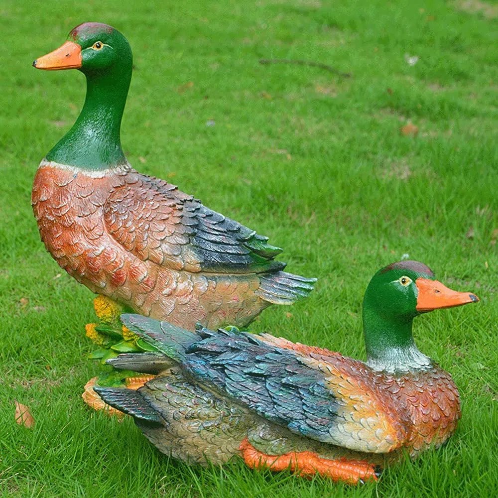 Gartendeko Gartenfigur-Grüner Kopf Ente, Vögel Deko für die Innen-und Außennutzung, Terrassen- und Gartendeko, Ornament für die Wiese，wetterfeste Garten Figur，Harz