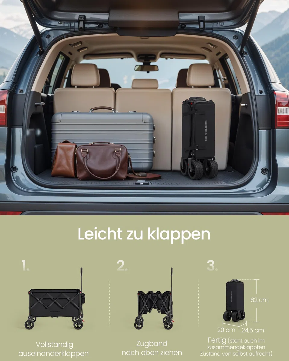 SONGMICS Handwagen faltbar, Bollerwagen, Gartenwagen, Campingwagen mit Griff, 4 abnehmbaren Rollen, platzsparend, Outdoor, Garten, 150 L, bis 150 kg belastbar, tintenschwarz GFW115B01