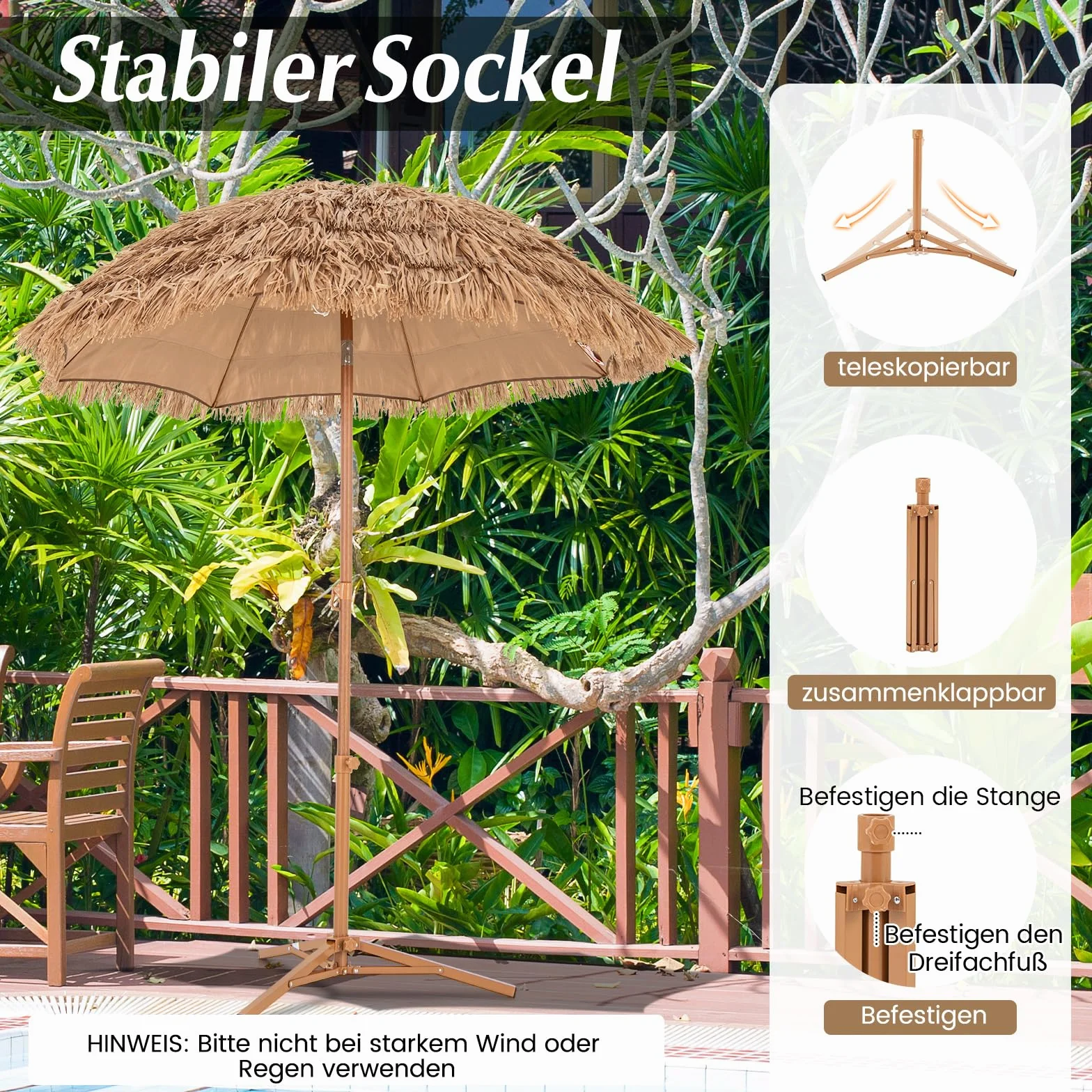 COSTWAY Sonnenschirm Hawaii, Strohschirm mit klappbarem Ständer, Strandschirm Stroh neigbar, Gartenschirm, Marktschirm, Terrassenschirm mit Tragetasche für Garten, Strand, Pool