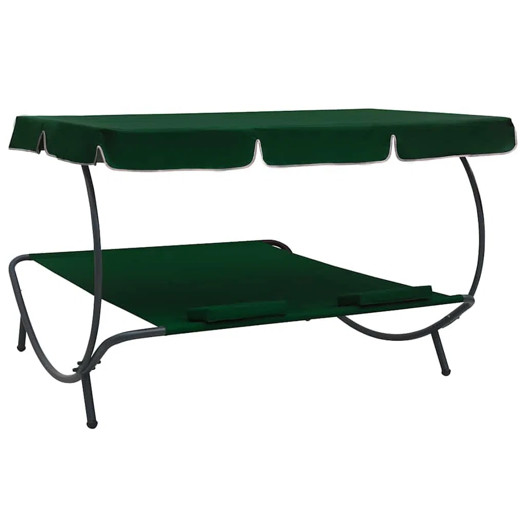 Sonnenliege mit Sonnendach und Kissen in Grün für Garten, Terrasse und Strand, wetterfeste Doppel-Liege mit Polstern, verstellbarem Dach, Schutzabdeckung, ideal für Erholung im Freien