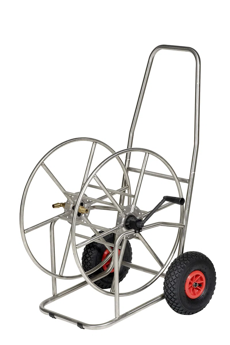 professioneller Schlauchwagen für max. 110m 3/4" aus hochwertigem Edelstahl, mit Luftbereifung