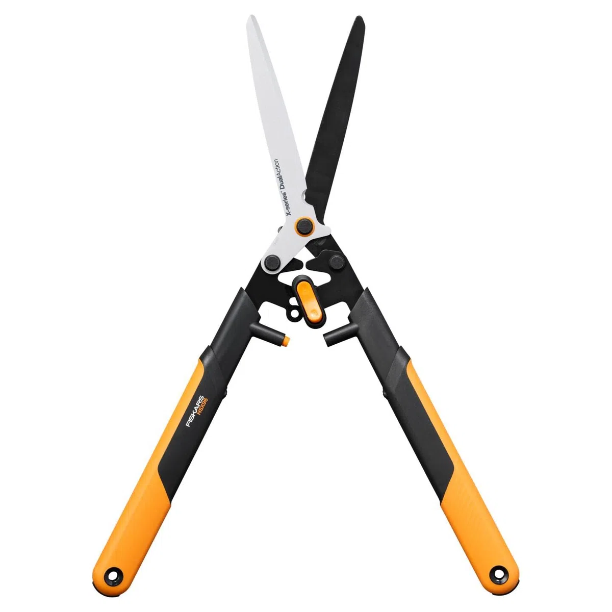 Fiskars X-series DualAction Heckenschere HSX96, 2-in-1-Modus für schnelle oder kraftvolle Schnitte, Antihaftbeschichtete Stahlklingen/FiberComp-Griffe, Schwarz/Orange, 1080134