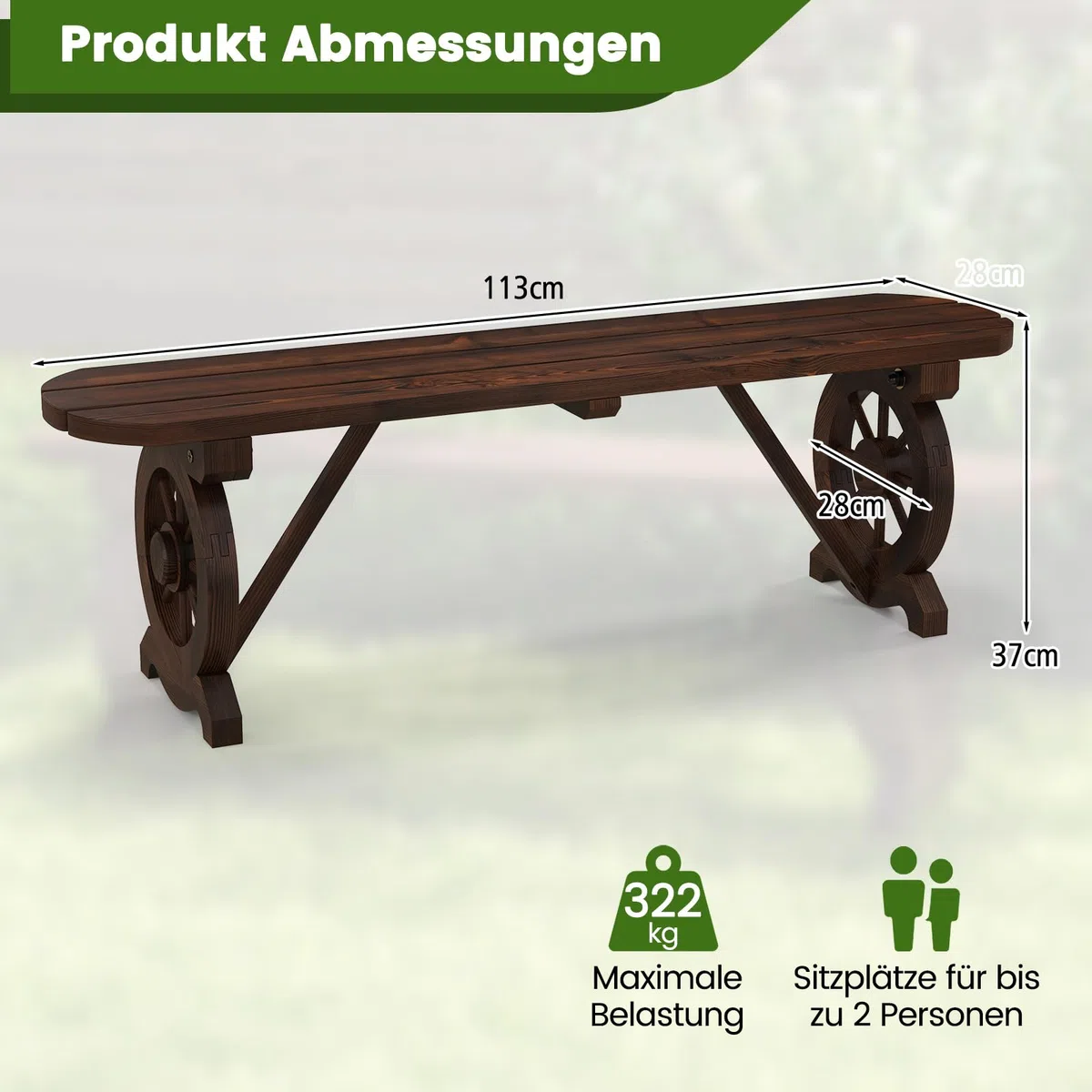 COSTWAY Gartenbank ohne Rückenlehne, wetterfeste Sitzbank, Holzbank für 2-3 Sitzer bis 325 kg belastbar, Terrassenbank aus Holz, Parkbank im Wagenrad-Design für Garten, Balkon, 113 x 28 x 37 cm