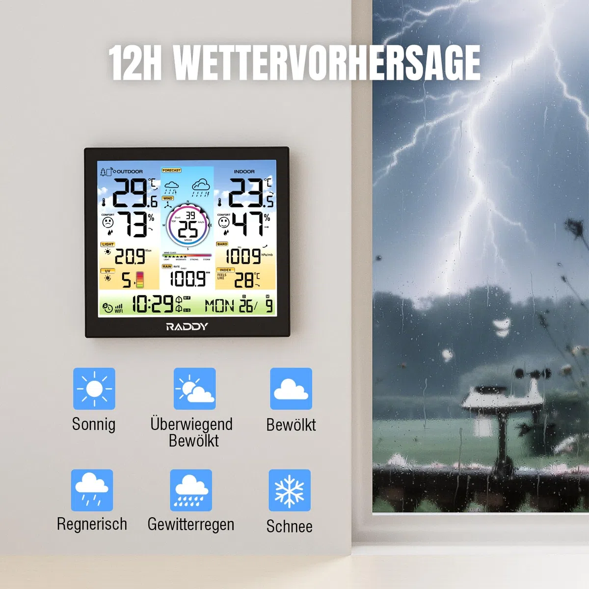 Raddy WF-120C WLAN Wetterstation mit 7-in-1 Außensensor, 10" Farbdisplay, Regenmesser, Windmesser, UV- & Lichtindex, Innen- und Außenthermometer, Wettervorhersage, Luftfeuchtigkeit & Luftdruck