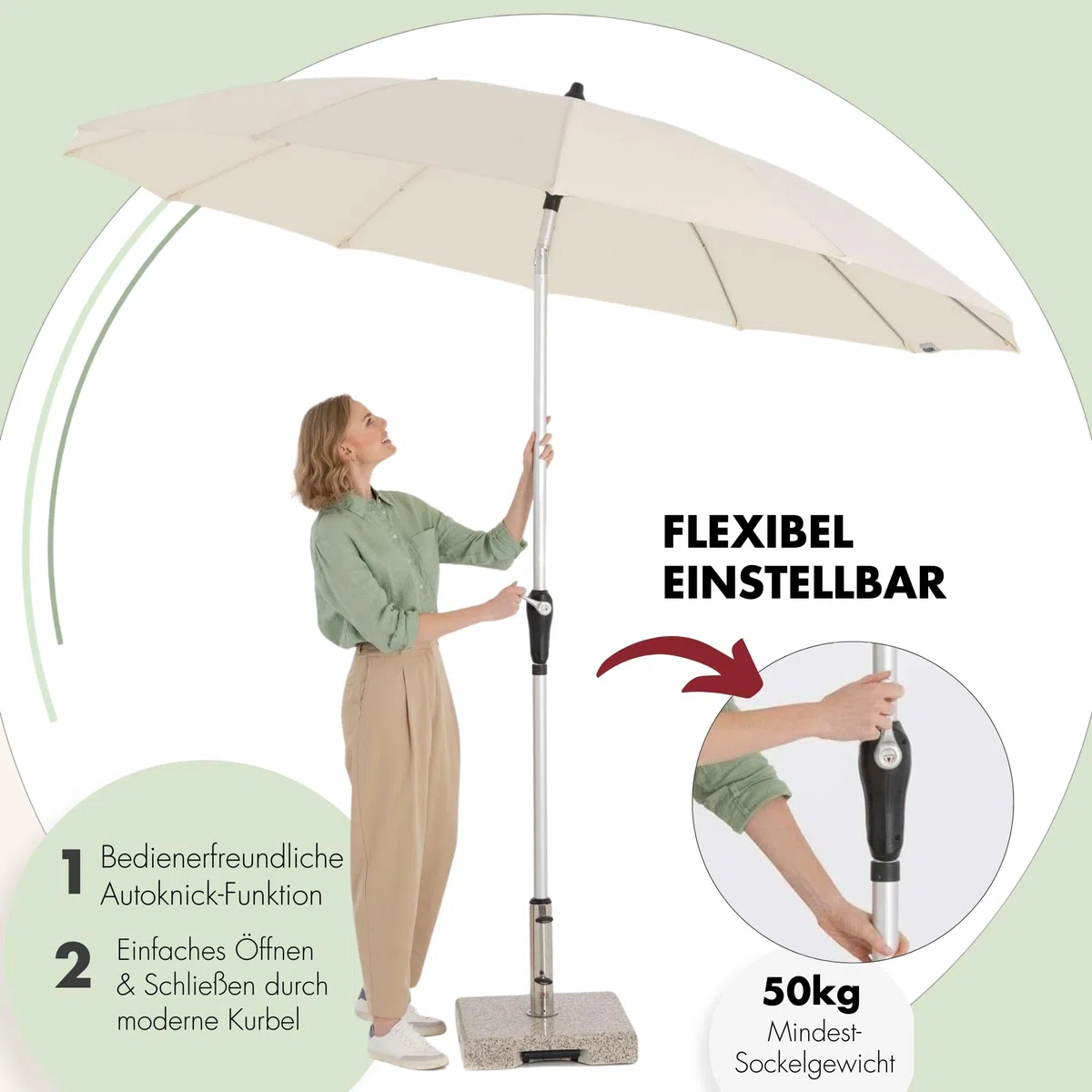 Doppler Sonnenschirm für den Garten Asia Look SL-AZ Auto Tilt 250cm Natur I Gartenschirm knickbar durch kurbeln I Kurbelschirm UV-Schutz 50+ I Kurbelschirm aus Aluminium I regenabweisendes Dach