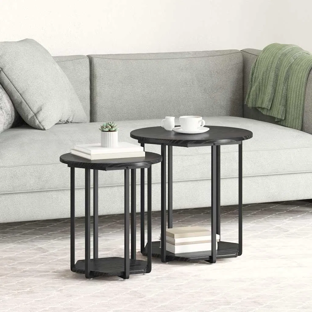 Beistelltisch-Set mit Regal 2 Stück Schwarz Eichen-Optik Wohnzimmer Schlafzimmer Flur Industrial Design langlebig geeignet für Sofas Betten Tische mit Ablage Regal Kompakt