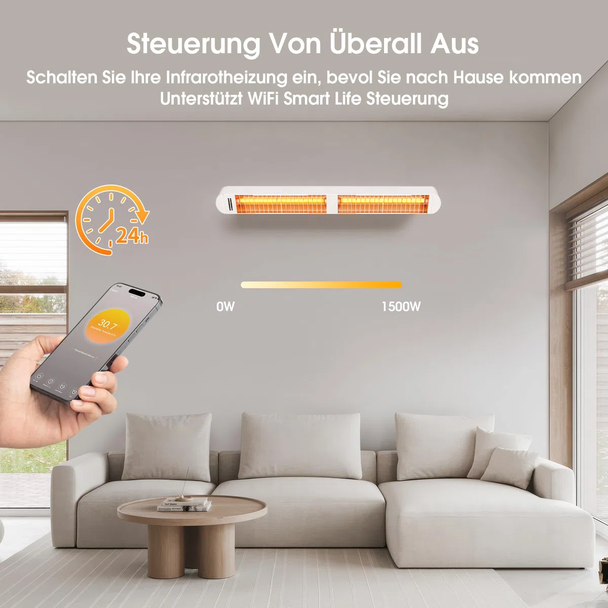 Byecold Infrarotheizung 1500W, Infrarot Heizstrahler mit Fernbedienung & WiFi APP, Wall-Mounted Hanging, Elektroheizung Wand & Deckenmontage, Innen & Außen, Terrasse, Balcony, Garten, Weiß