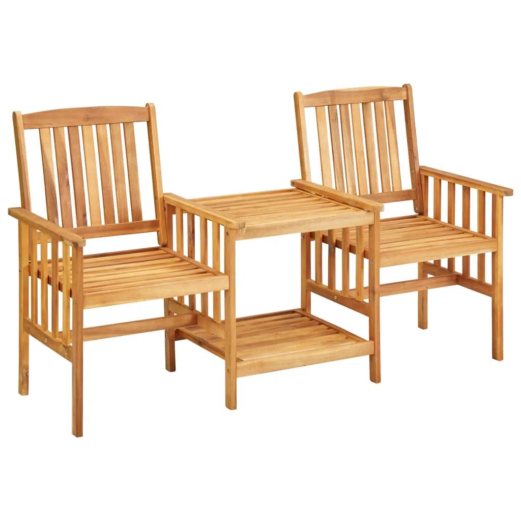 Gartenbank mit integriertem Tisch und Kissen Akazie Massivholz, 2-Sitzer Gartenmöbel Set mit Teetisch für Balkon, Terrasse und Garten, 159 x 61 x 92 cm, Königsblau
