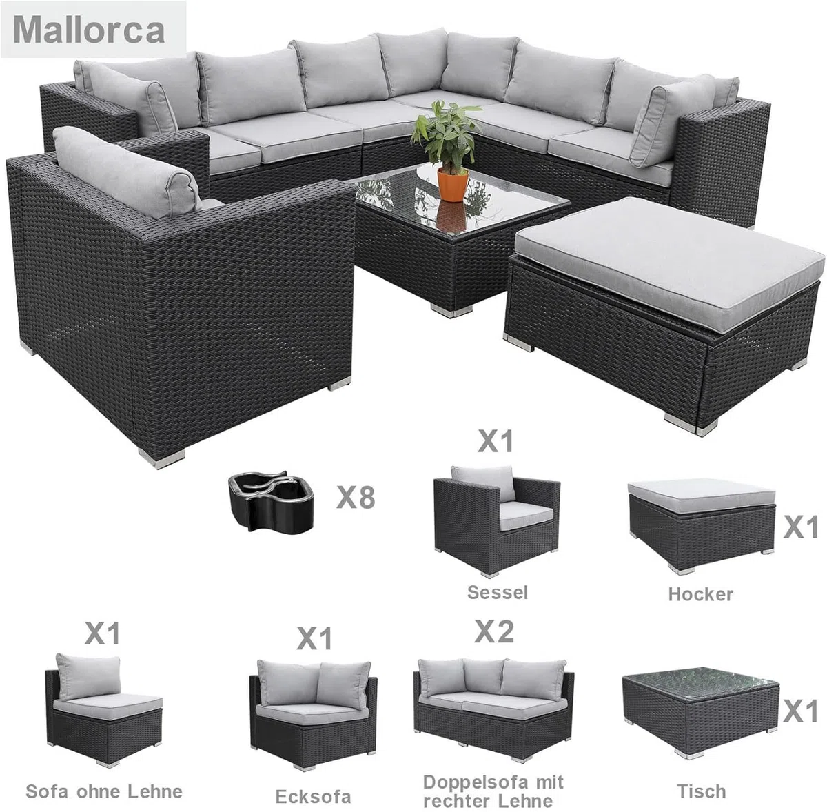 Gartenmöbel Lounge Set| 3-7 Personen viele Modelle| inkl. extra Dicke Kissen | Outdoor Loungemöbel Sitzgruppe Essgruppe Garnitur | klassisch Schwarz (Mallorca)
