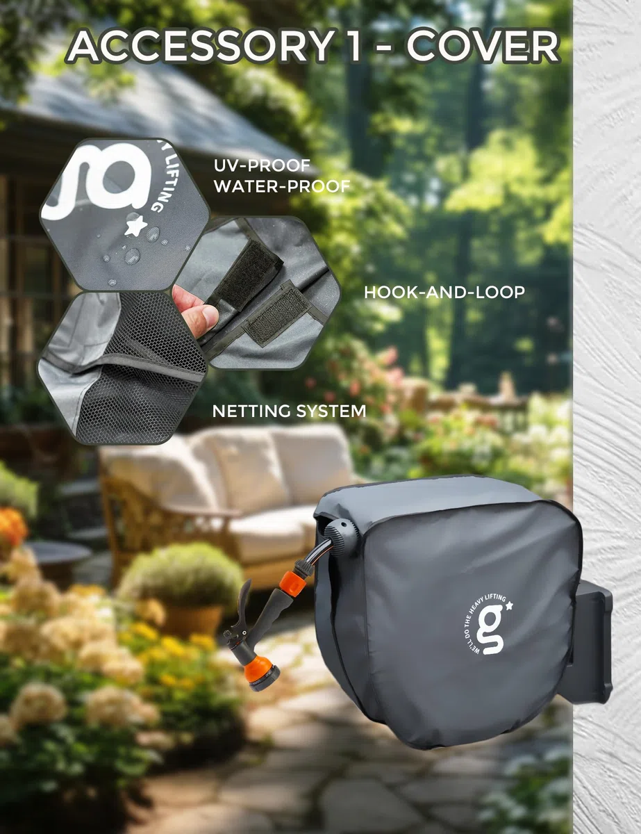 Giraffe Tools Gartenschlauchtrommel-Set mit Wasserhahn-Splitter und Abdeckung, einziehbarer 35 m Schlauch, EUAW-40KIT